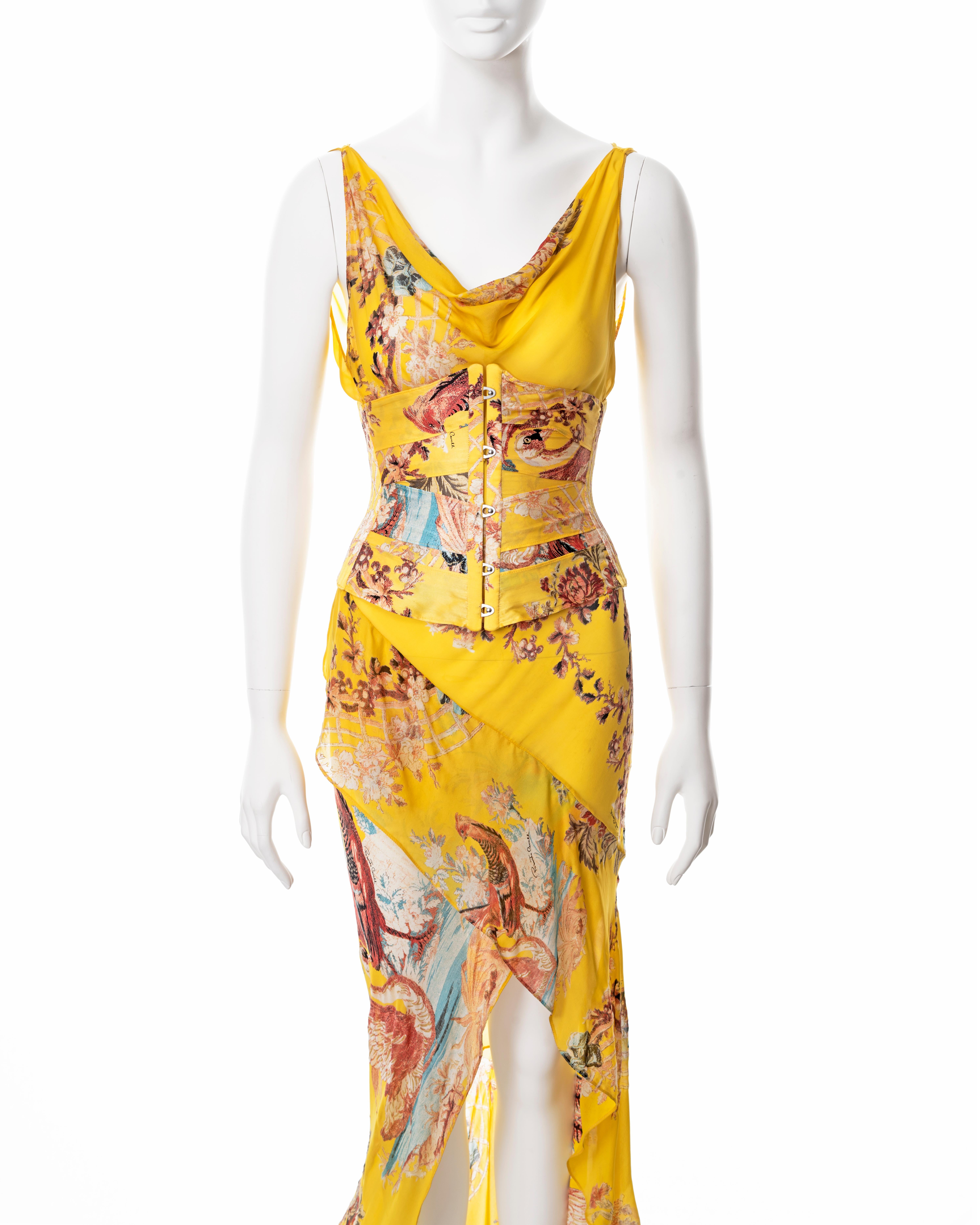 Roberto Cavalli yellow floral bias cut silk evening dress and corset, ss 2003 In Excellent Condition In London, GB