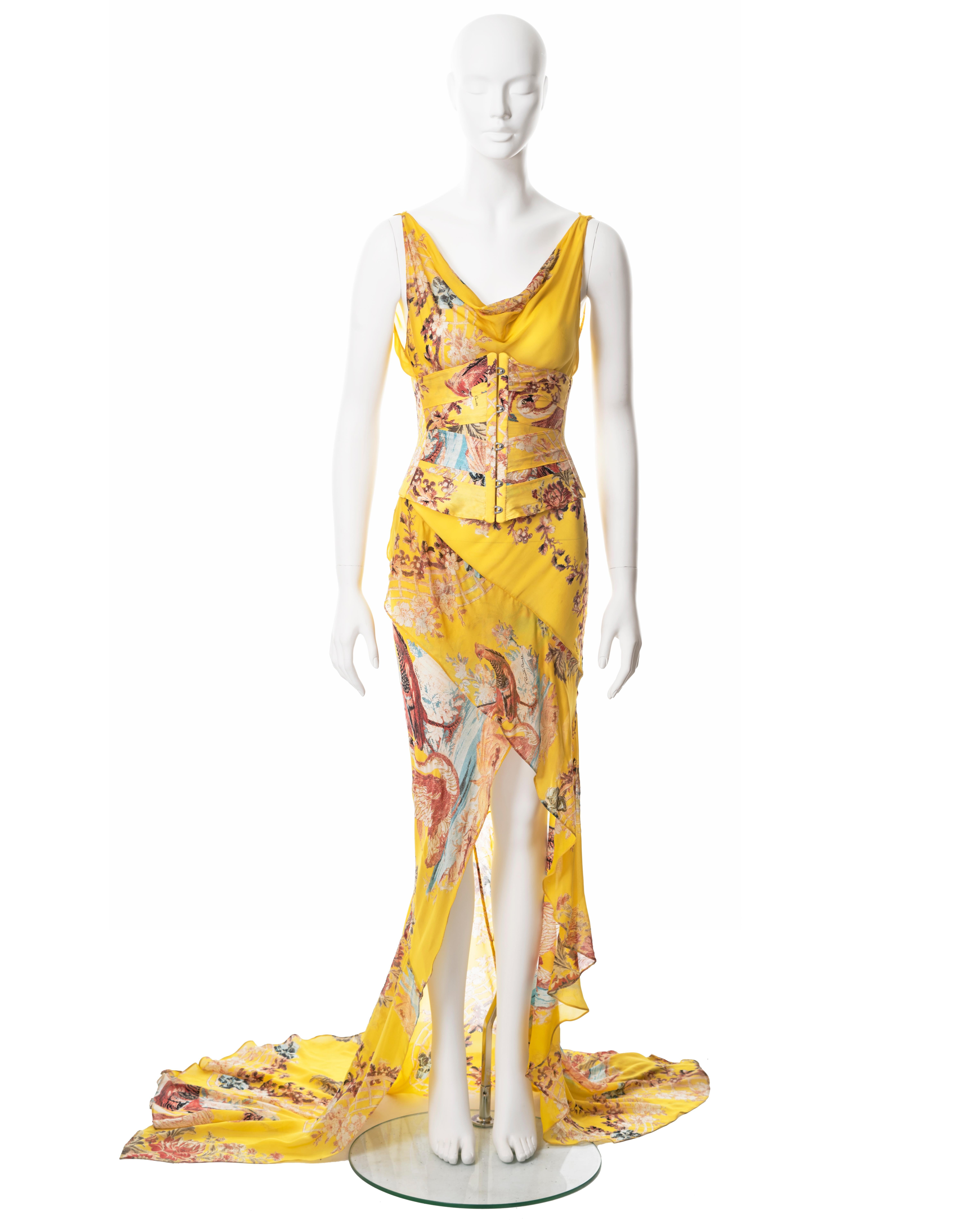 Roberto Cavalli yellow floral bias cut silk evening dress and corset, ss 2003 1