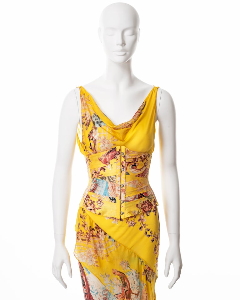 Roberto Cavalli yellow floral bias cut silk evening dress and corset, ss  2003