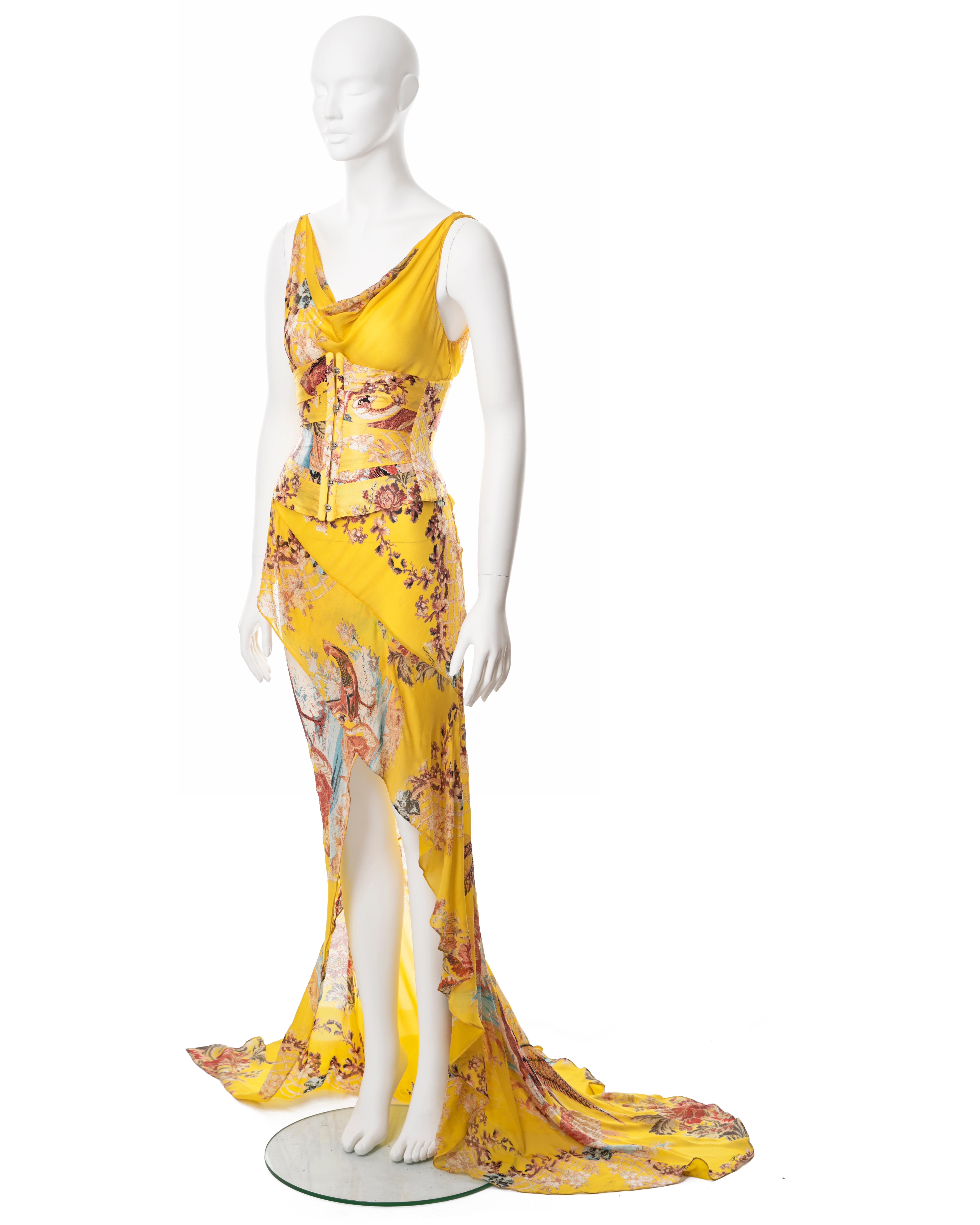 Roberto Cavalli yellow floral bias cut silk evening dress and corset, ss 2003 3
