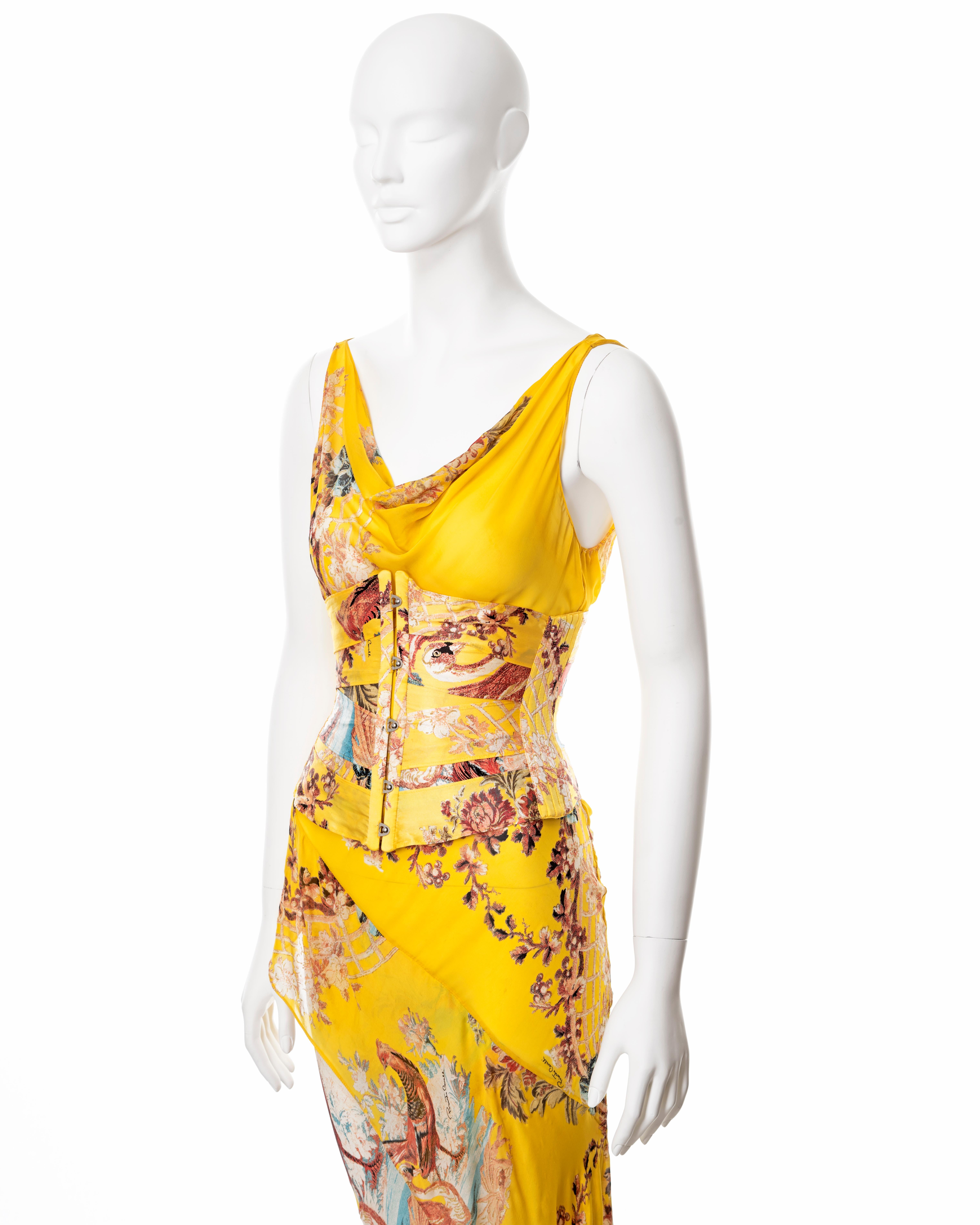 Roberto Cavalli yellow floral bias cut silk evening dress and corset, ss 2003 4