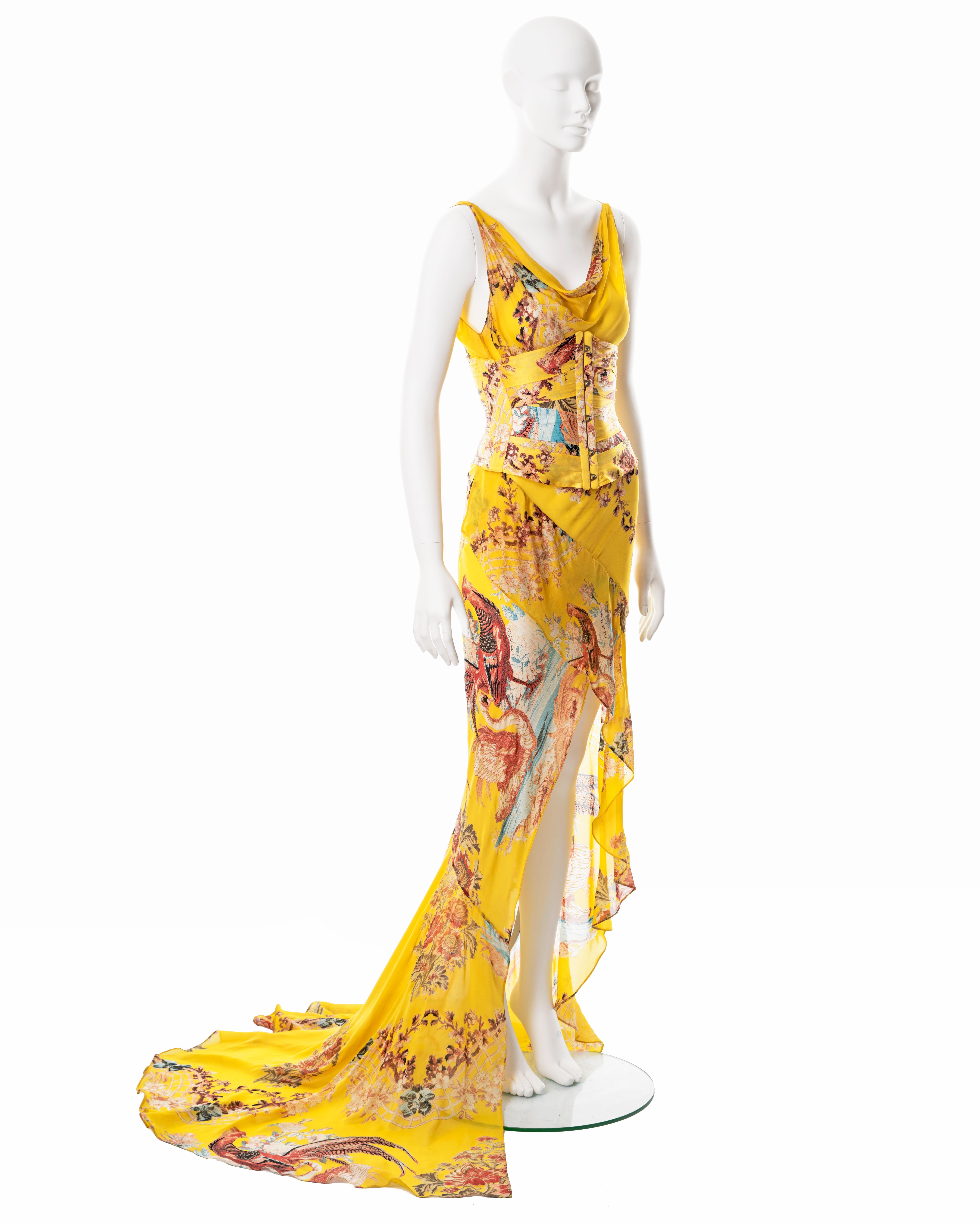 Roberto Cavalli yellow floral bias cut silk evening dress and corset, ss 2003 5