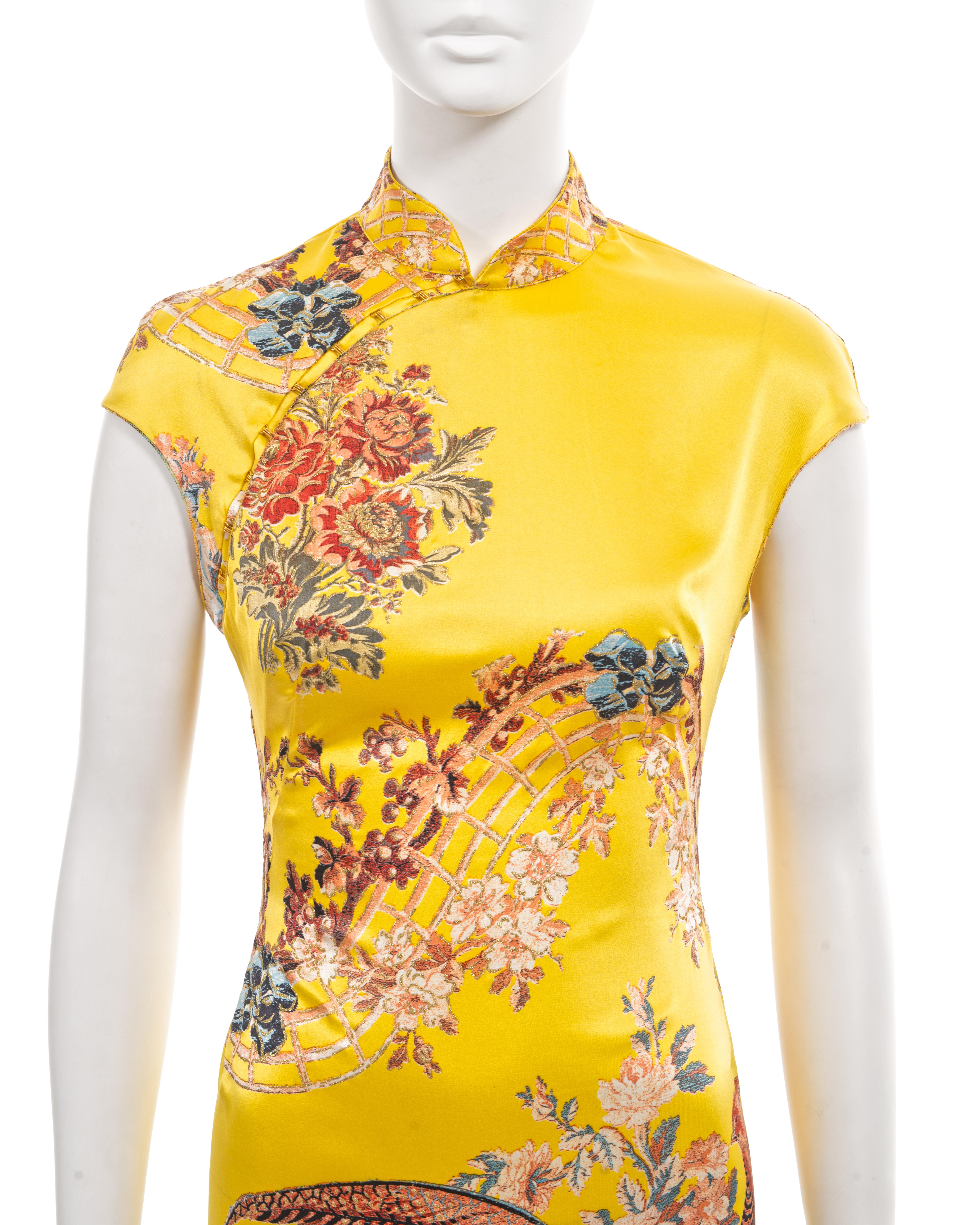 Women's Roberto Cavalli yellow floral printed silk cheongsam-style mini dress, ss 2003