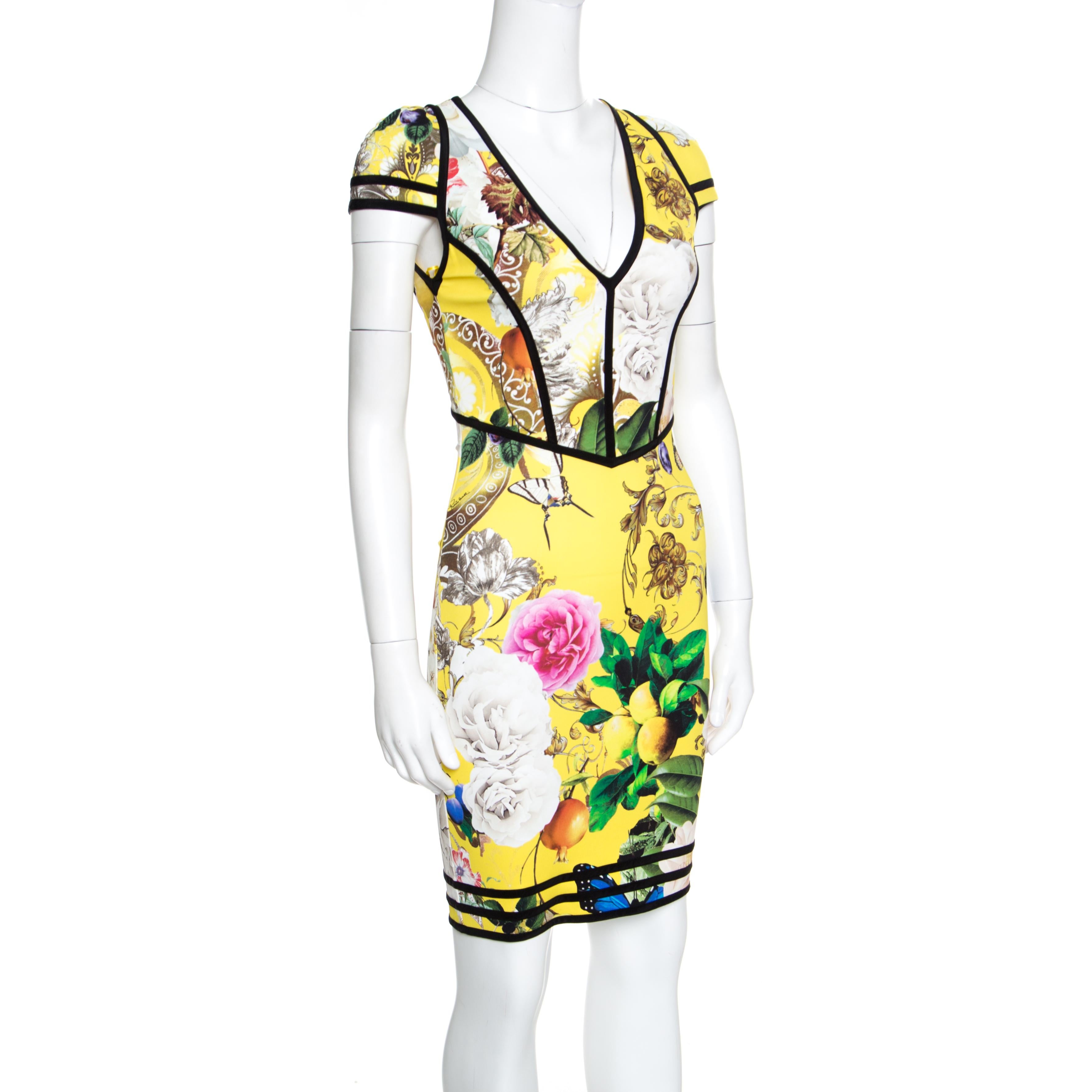 Roberto Cavalli Yellow Fruit and Floral Print Contrast Trim Detail Punto Dress S (Gelb)