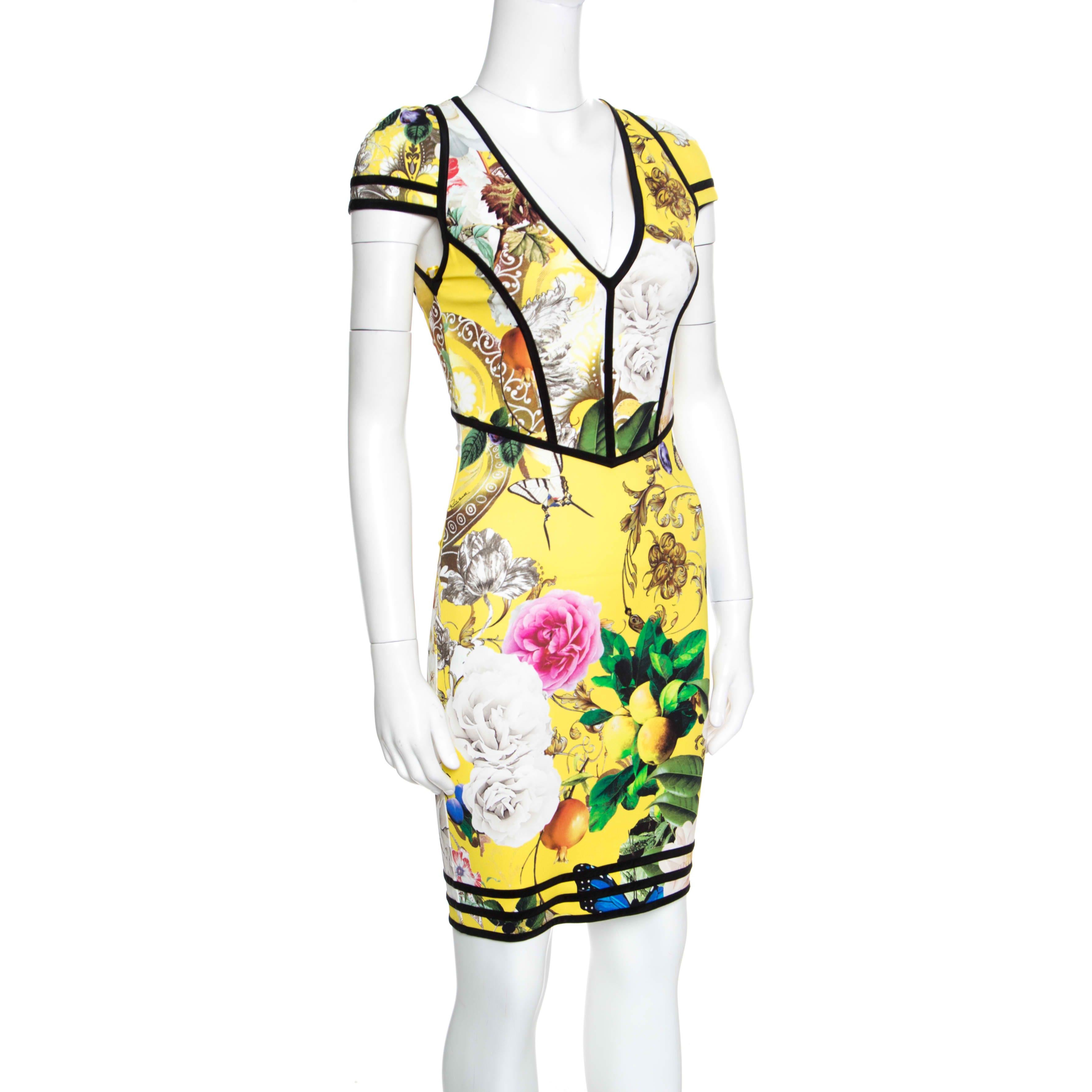 Beige Roberto Cavalli Yellow Fruit and Floral Print Contrast Trim Detail Punto Dress S