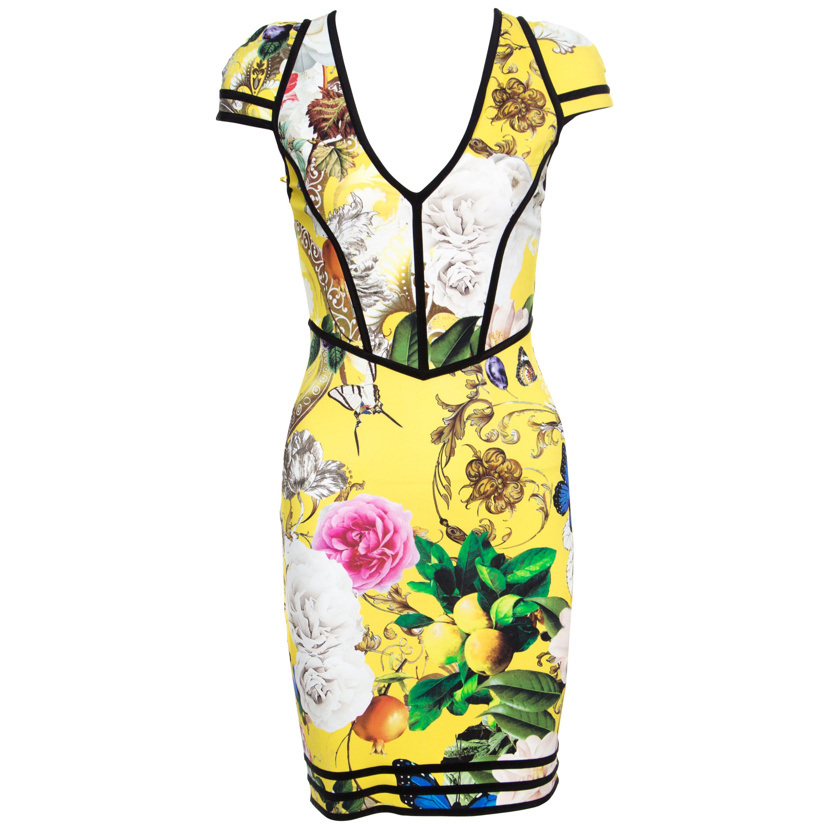 Roberto Cavalli Yellow Fruit and Floral Print Contrast Trim Detail Punto Dress S