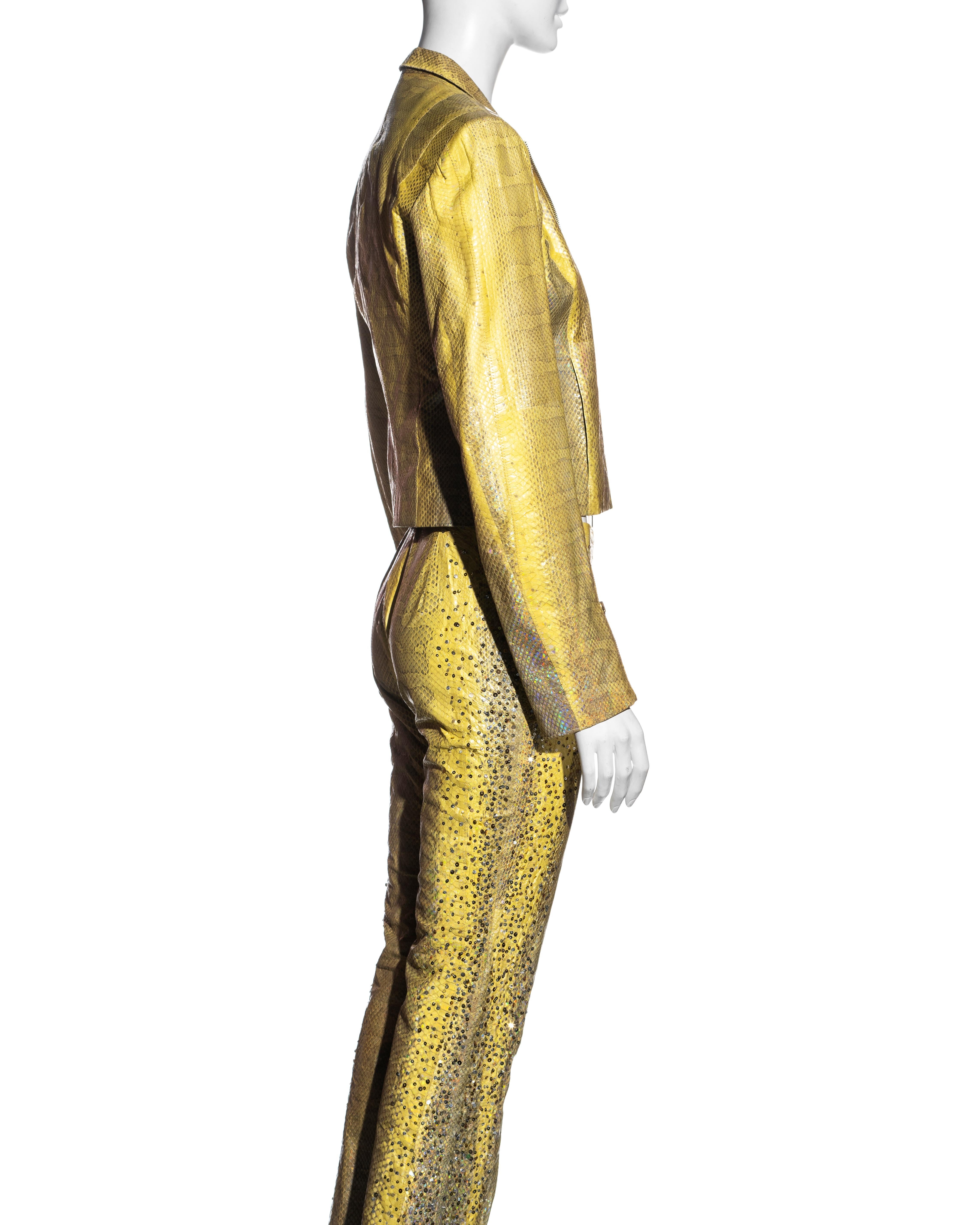 Roberto Cavalli yellow iridescent snakeskin pant suit with sequins, ss 2001 For Sale 2