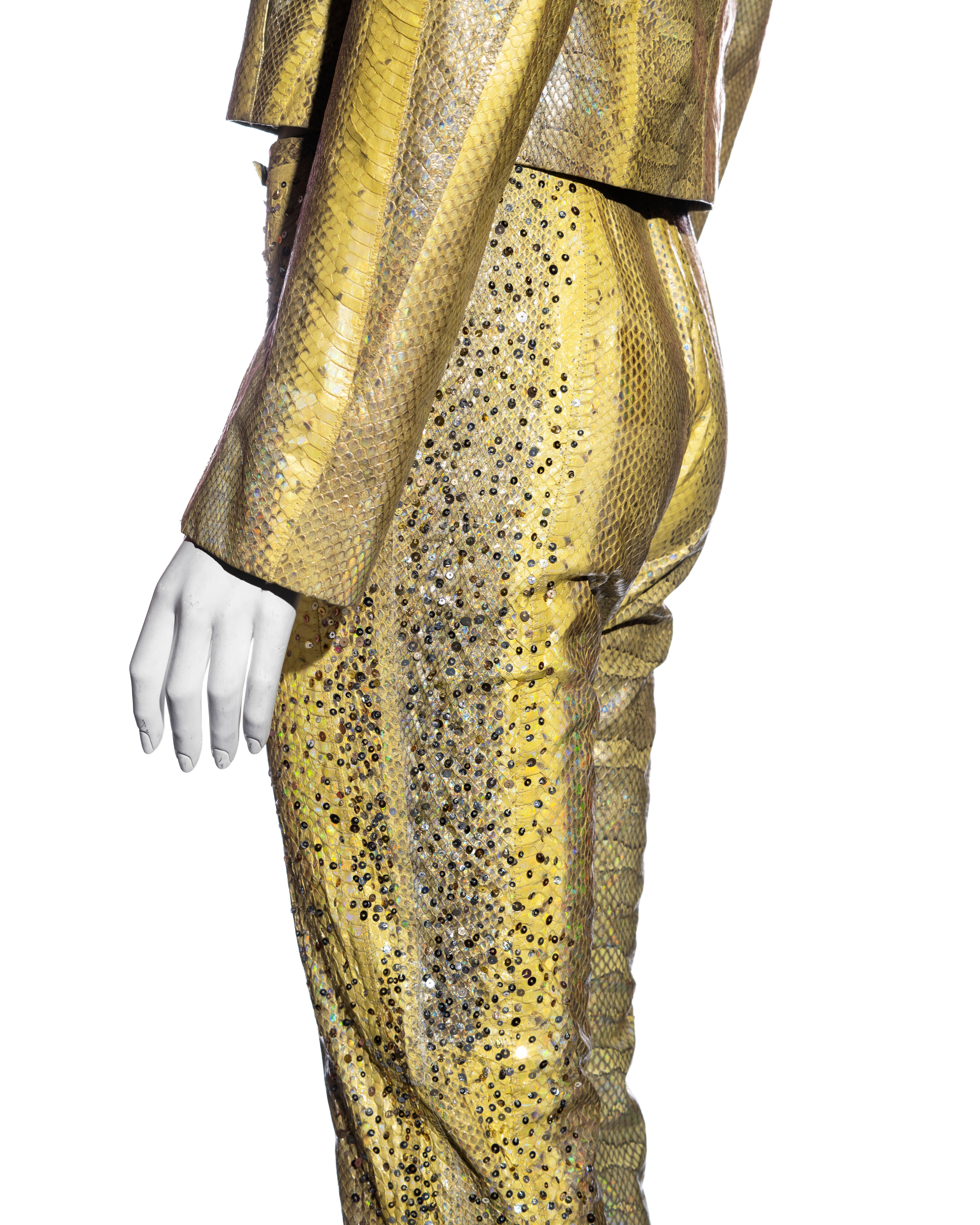 Roberto Cavalli yellow iridescent snakeskin pant suit with sequins, ss 2001 For Sale 3