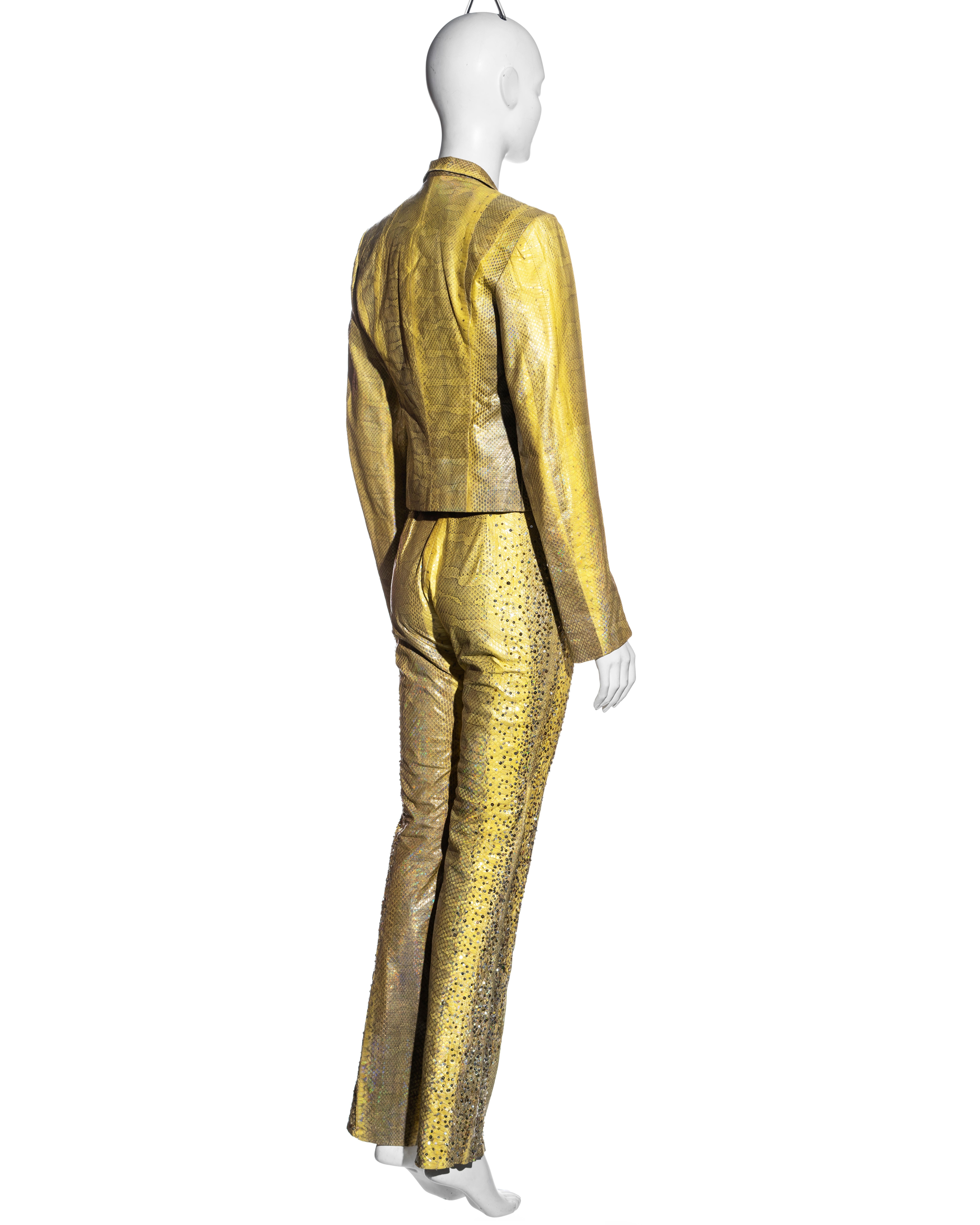 Roberto Cavalli yellow iridescent snakeskin pant suit with sequins, ss 2001 For Sale 4