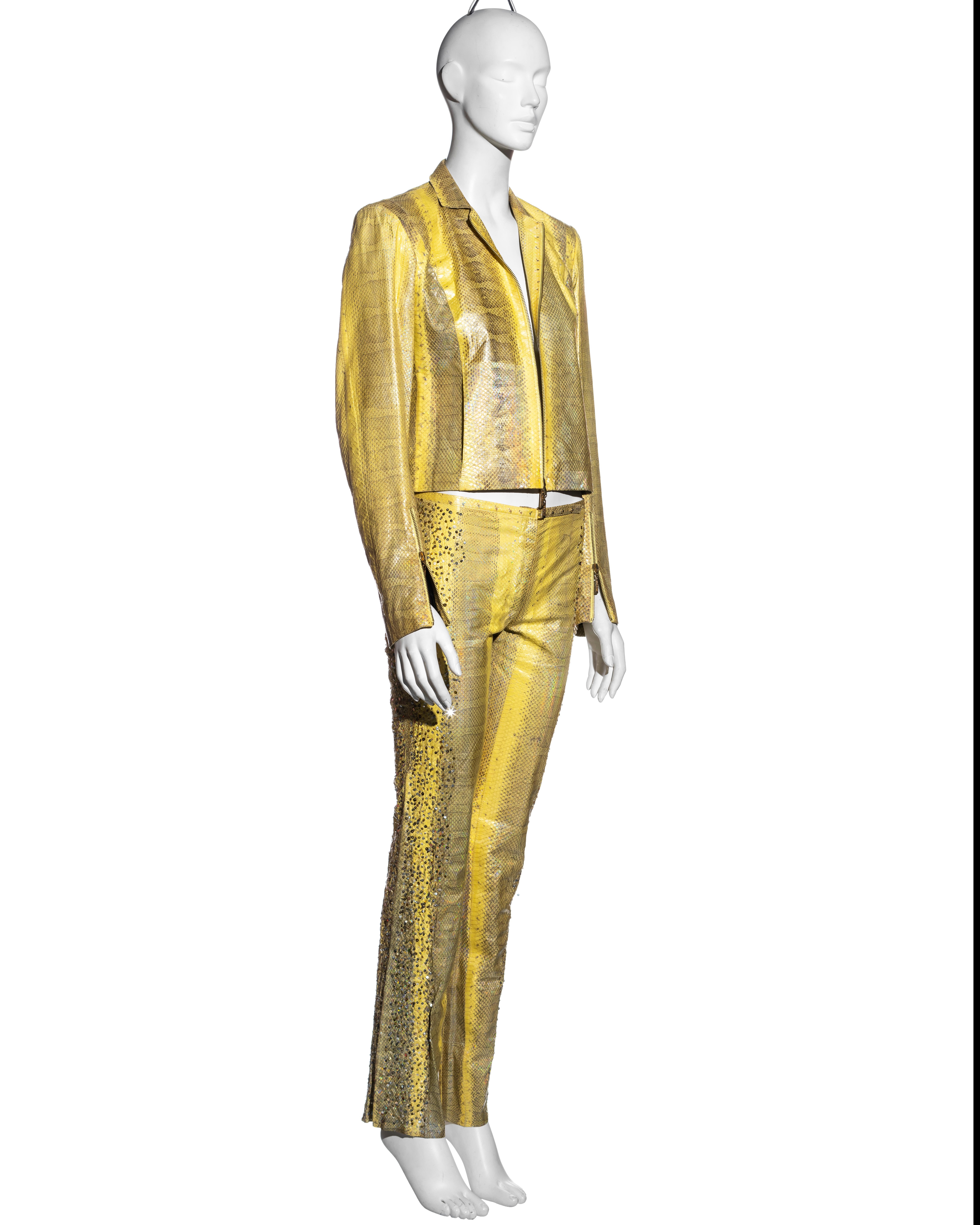 Beige Roberto Cavalli yellow iridescent snakeskin pant suit with sequins, ss 2001 For Sale