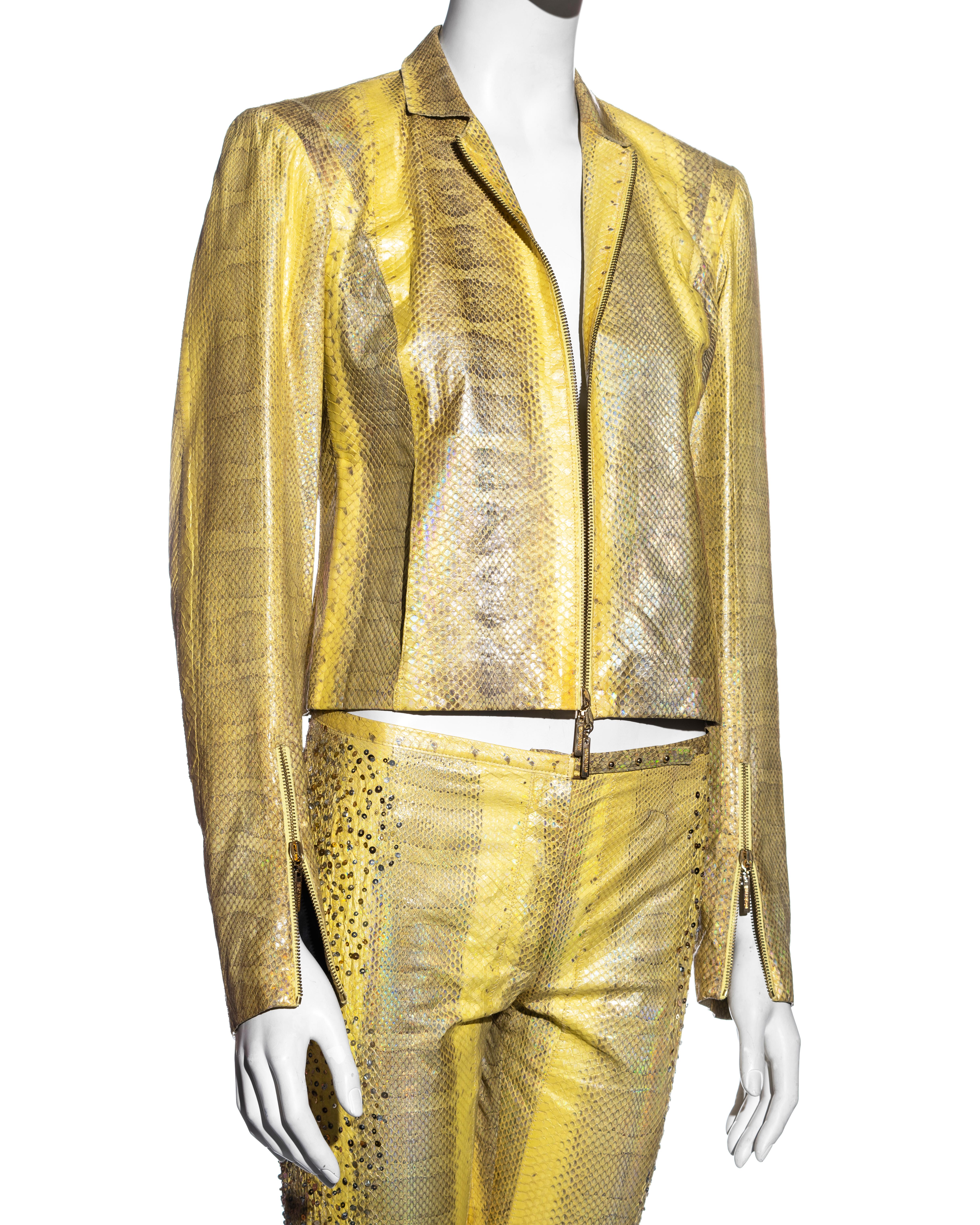 Roberto Cavalli yellow iridescent snakeskin pant suit with sequins, ss 2001 In Excellent Condition For Sale In London, GB