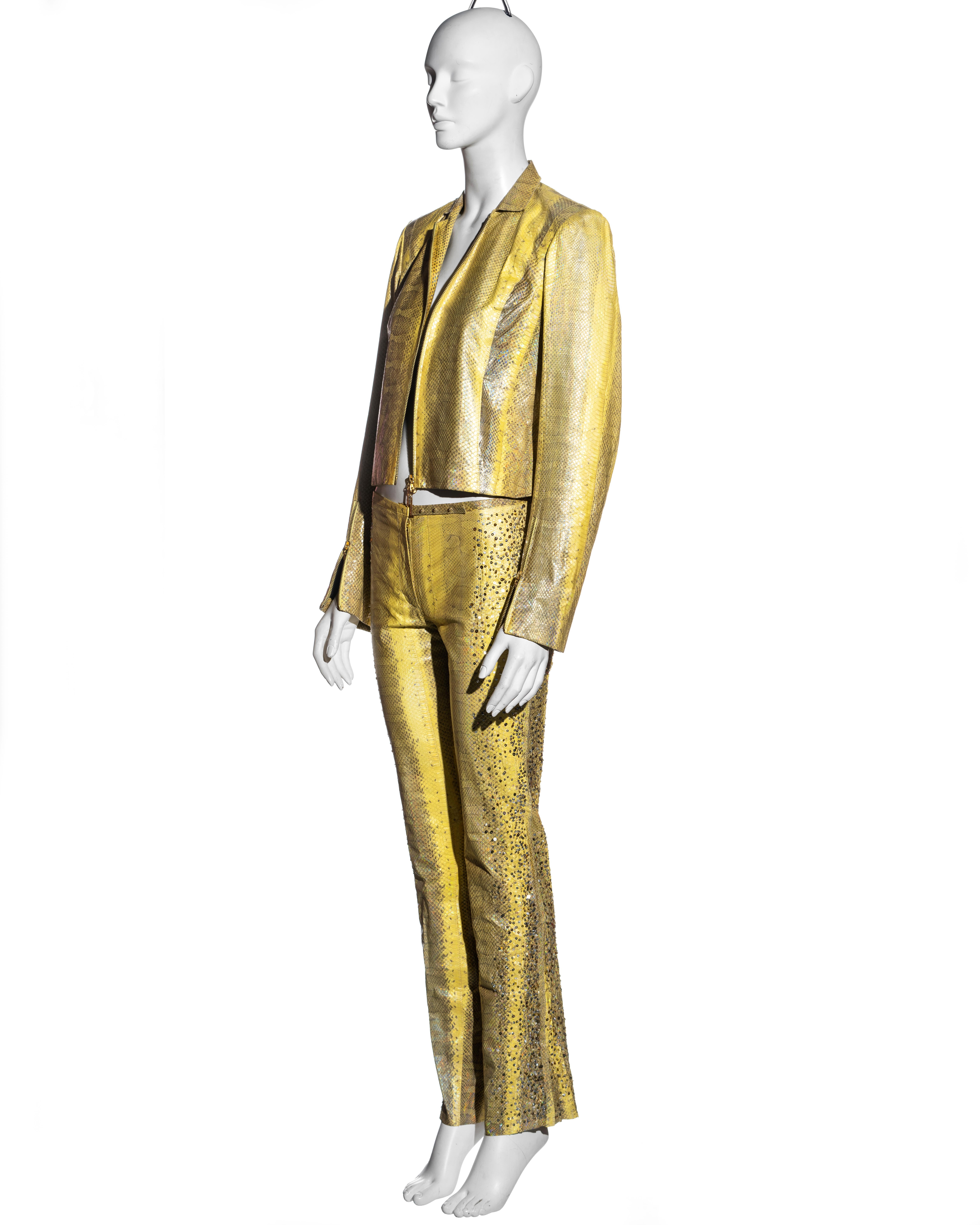 Roberto Cavalli yellow iridescent snakeskin pant suit with sequins, ss 2001 For Sale 1