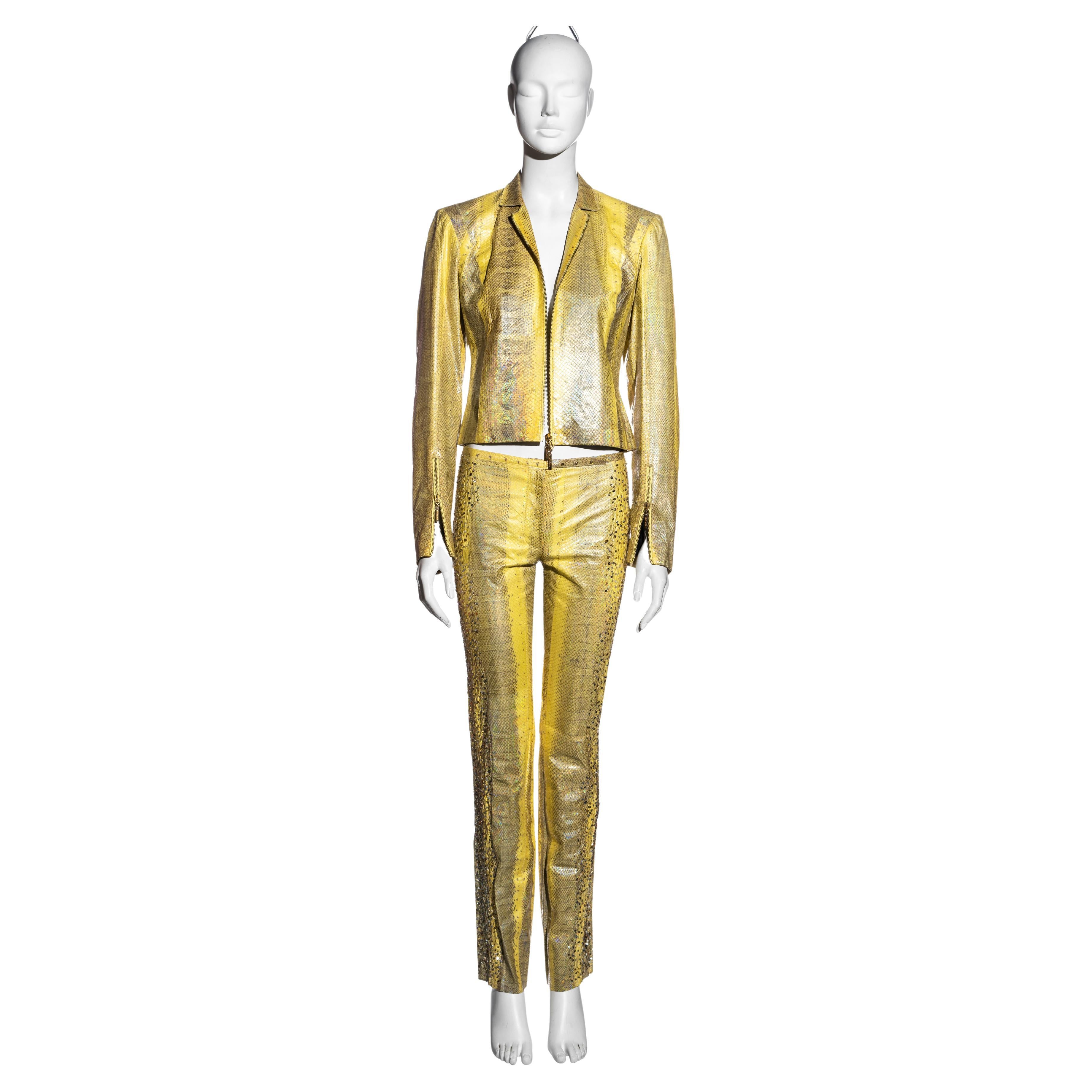 Roberto Cavalli yellow iridescent snakeskin pant suit with sequins, ss 2001