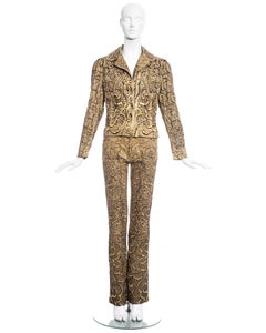 Roberto Cavalli yellow printed cotton embellished pant suit, ss 2001