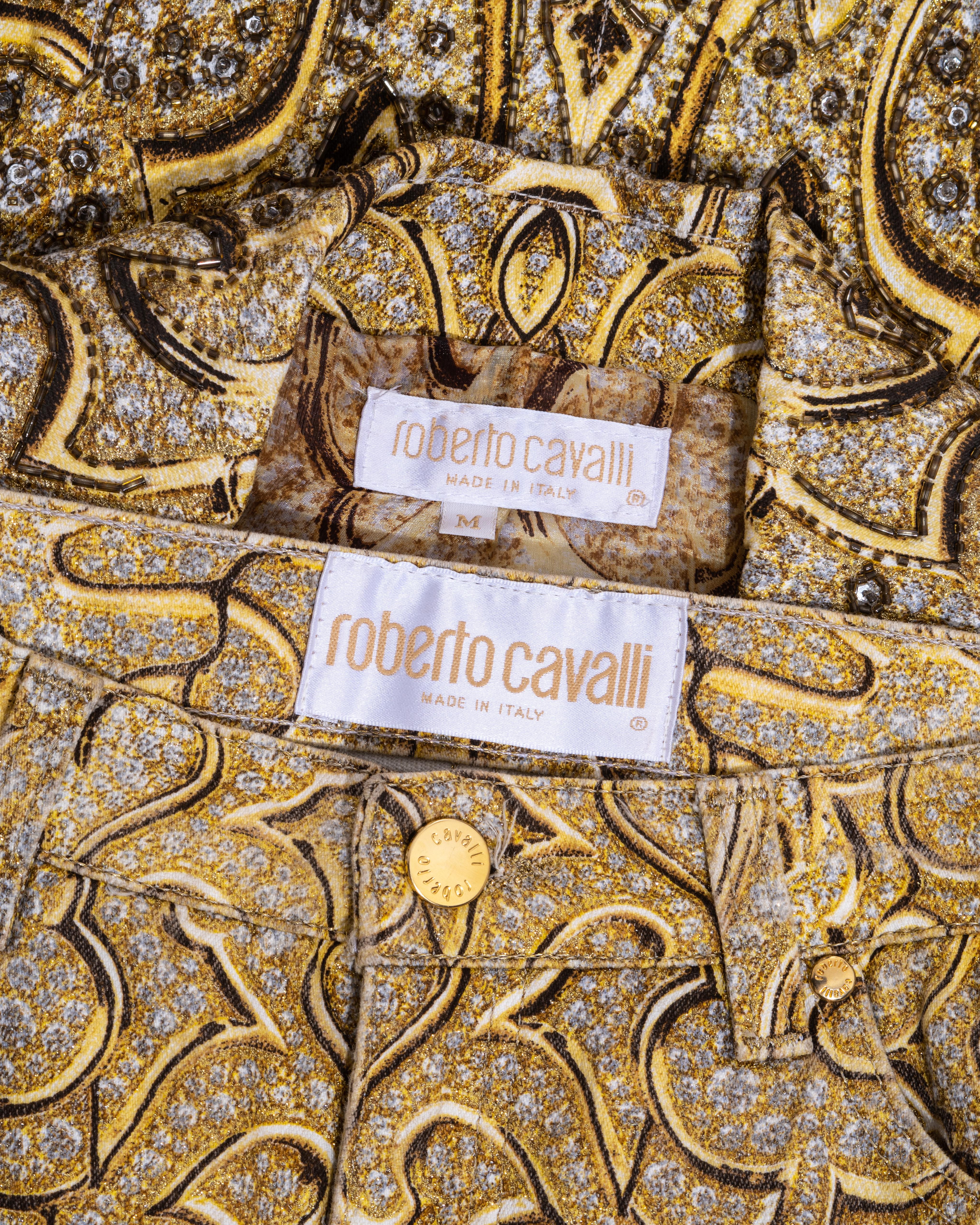 Roberto Cavalli gelber Hosenanzug aus bedruckter Baumwolle mit Verzierungen, ss 2001 3
