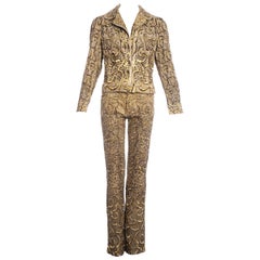 Roberto Cavalli yellow printed cotton embellished pant suit, ss 2001