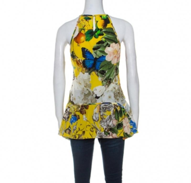 De las mujeres Roberto Cavalli Top sin mangas de seda estampado amarillo con detalle de encaje M en venta