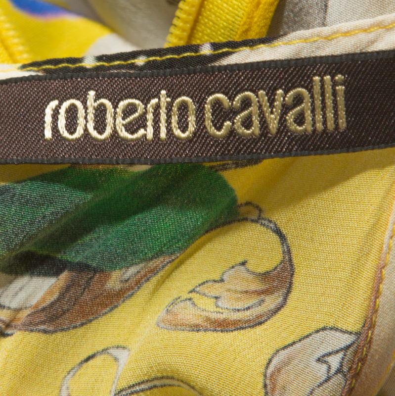 Roberto Cavalli Yellow Printed Silk Lace Detail Halter Top M For Sale 1