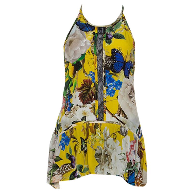 Roberto Cavalli Yellow Printed Silk Lace Detail Halter Top M For Sale