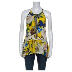 Roberto Cavalli Yellow Printed Silk Lace Detail Halter Top M