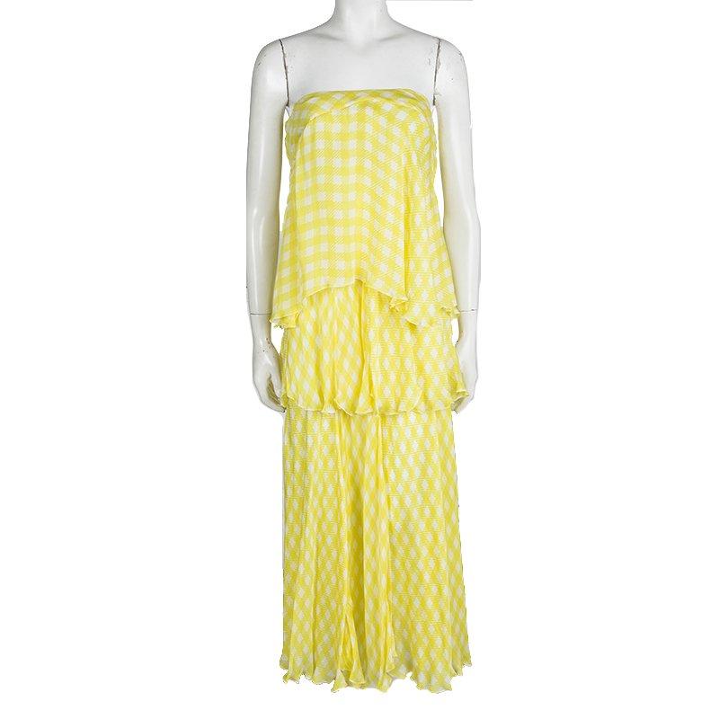Roberto Cavalli Yellow Printed Silk Tiered Strapless Dress M In Good Condition In Dubai, Al Qouz 2