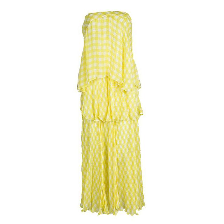 Roberto Cavalli Yellow Printed Silk Tiered Strapless Dress M