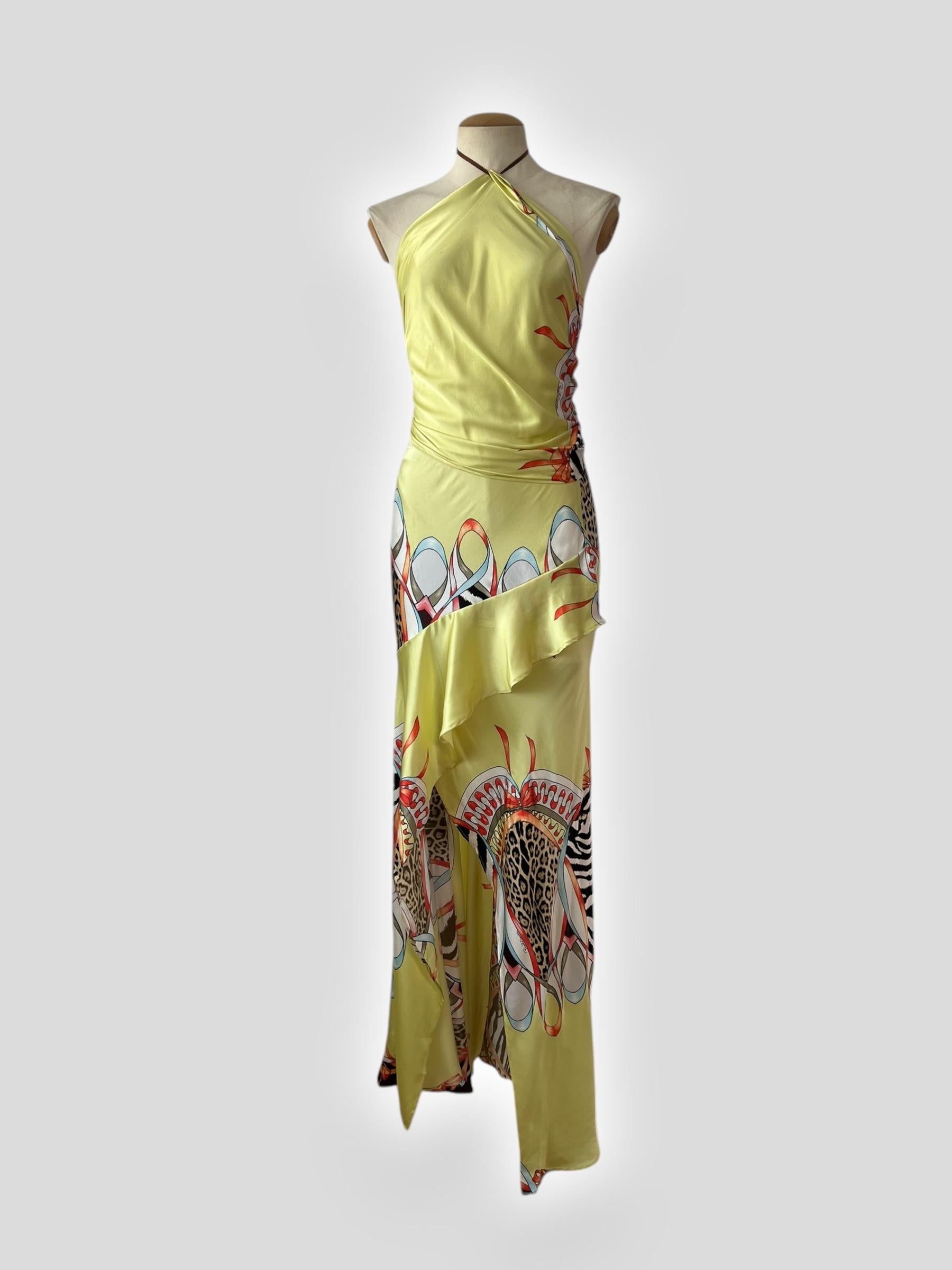 Jaune Roberto Cavalli, ensemble en soie jaune imprimé guépard, printemps/été 2004 en vente