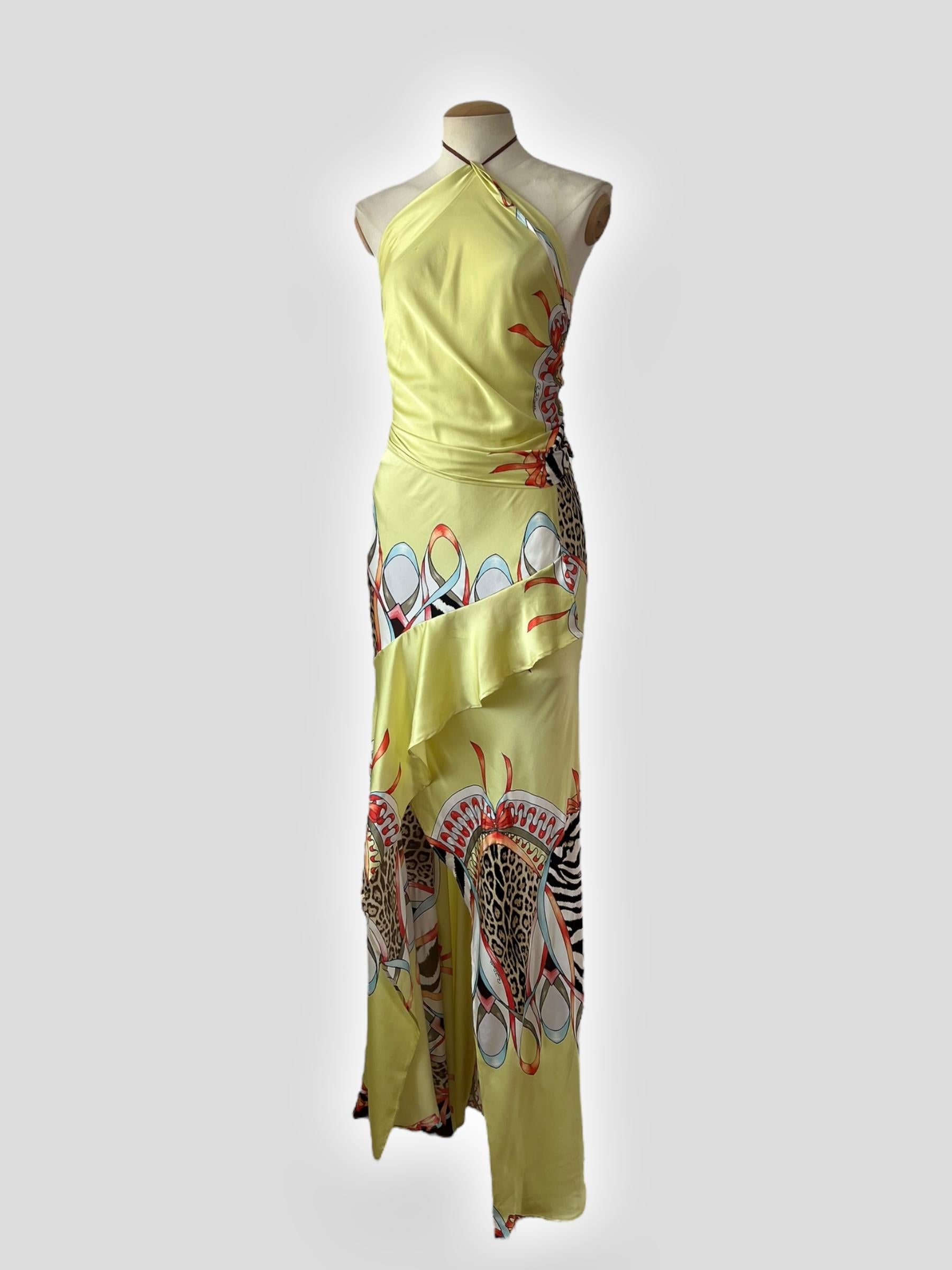 Roberto Cavalli, ensemble en soie jaune imprimé guépard, printemps/été 2004 Bon état - En vente à CAPELLE AAN DEN IJSSEL, ZH