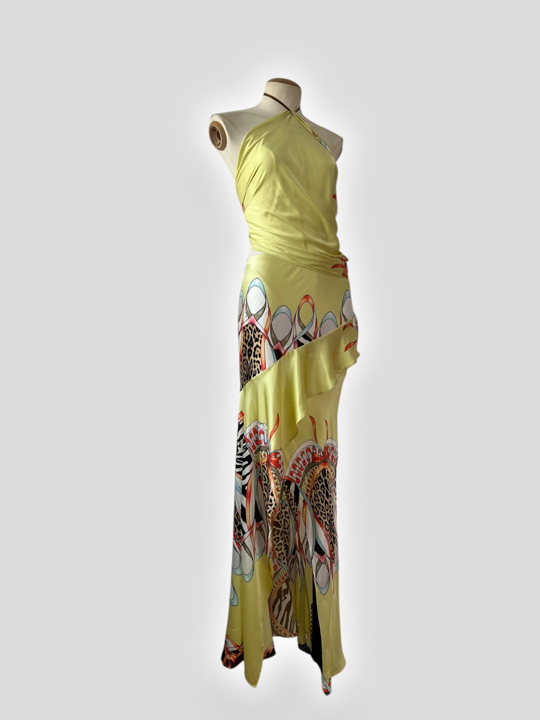 Roberto Cavalli, ensemble en soie jaune imprimé guépard, printemps/été 2004 en vente 1