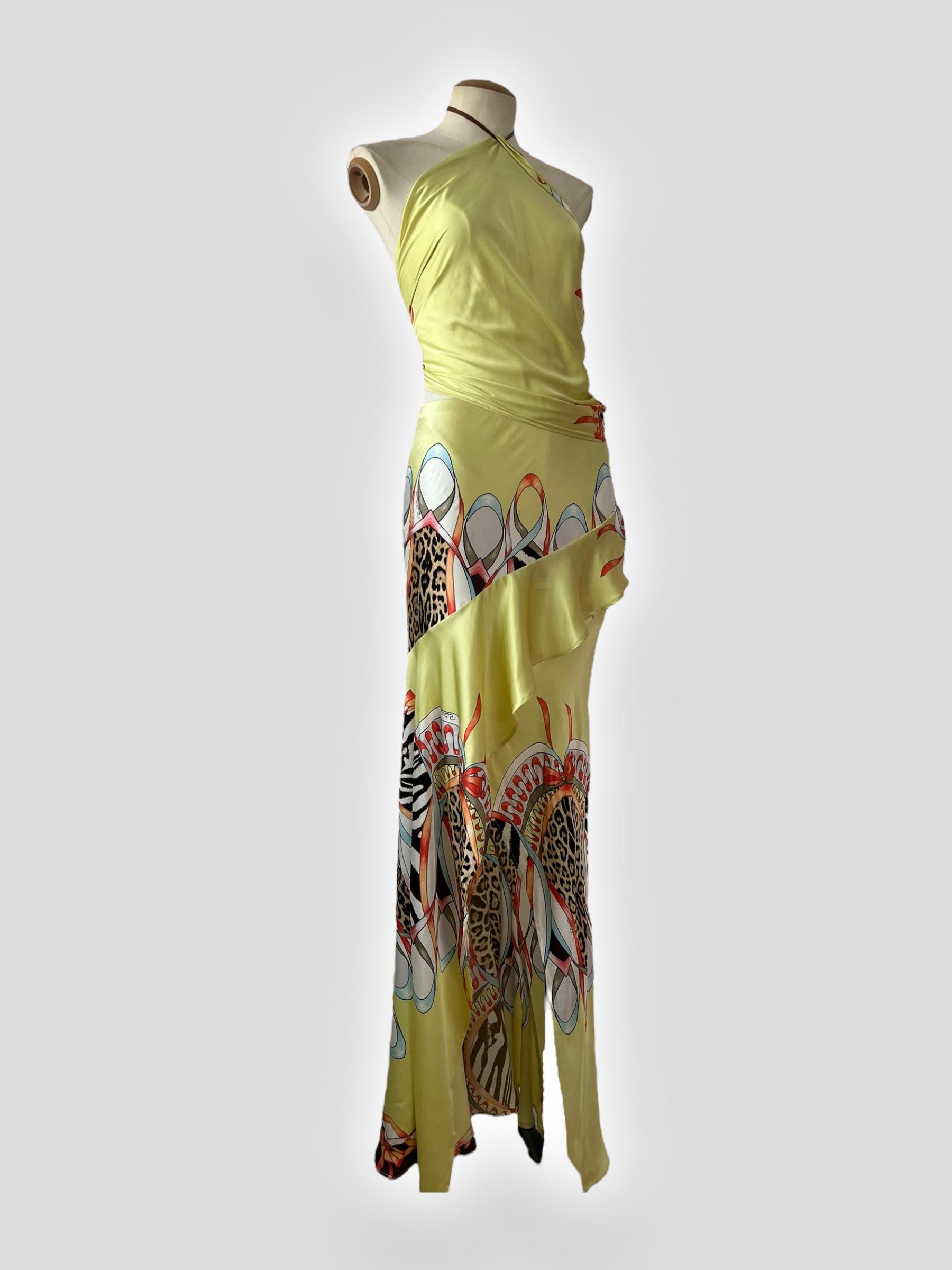 Roberto Cavalli, ensemble en soie jaune imprimé guépard, printemps/été 2004 en vente 2