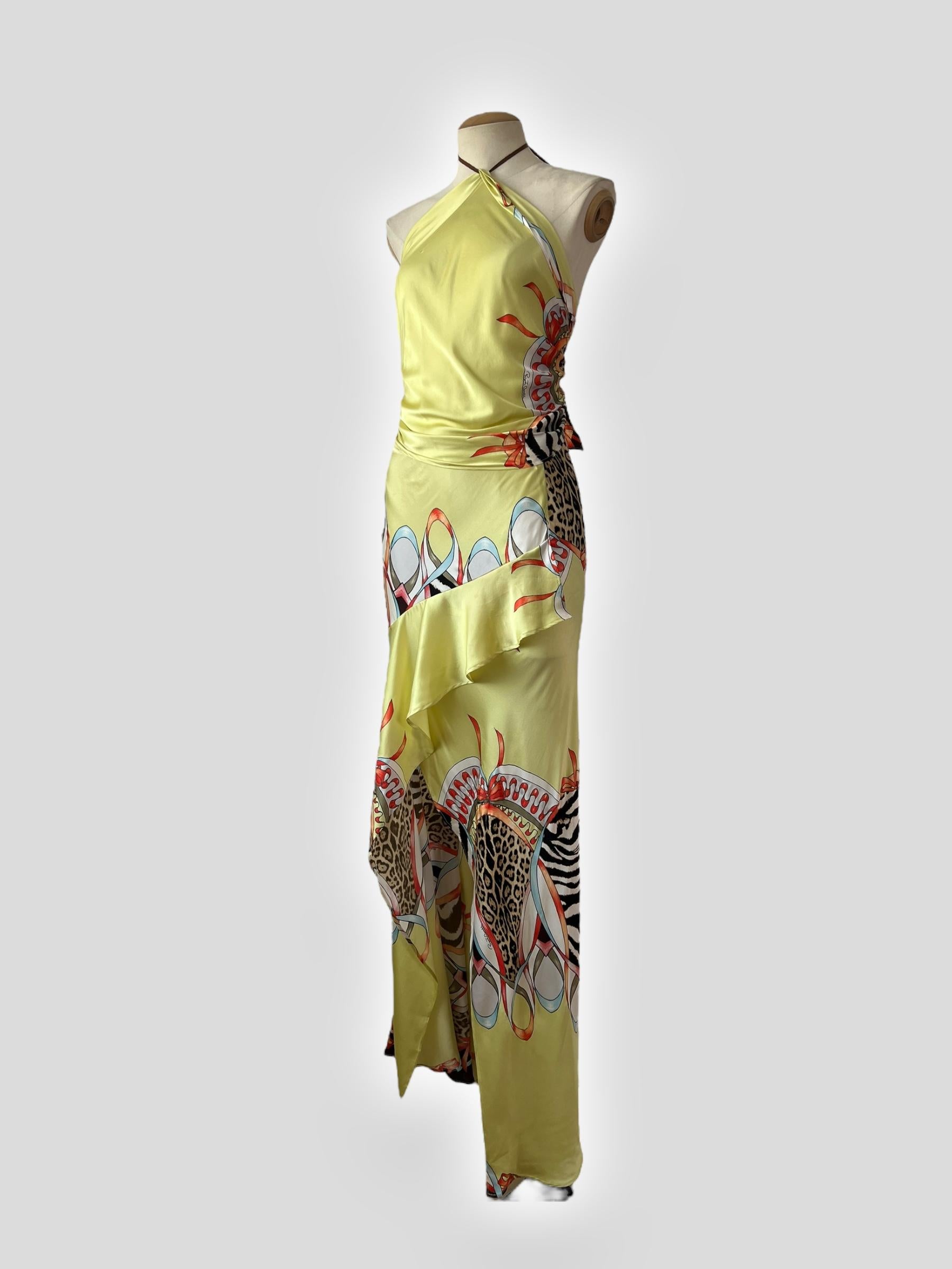 Roberto Cavalli, ensemble en soie jaune imprimé guépard, printemps/été 2004 en vente 3