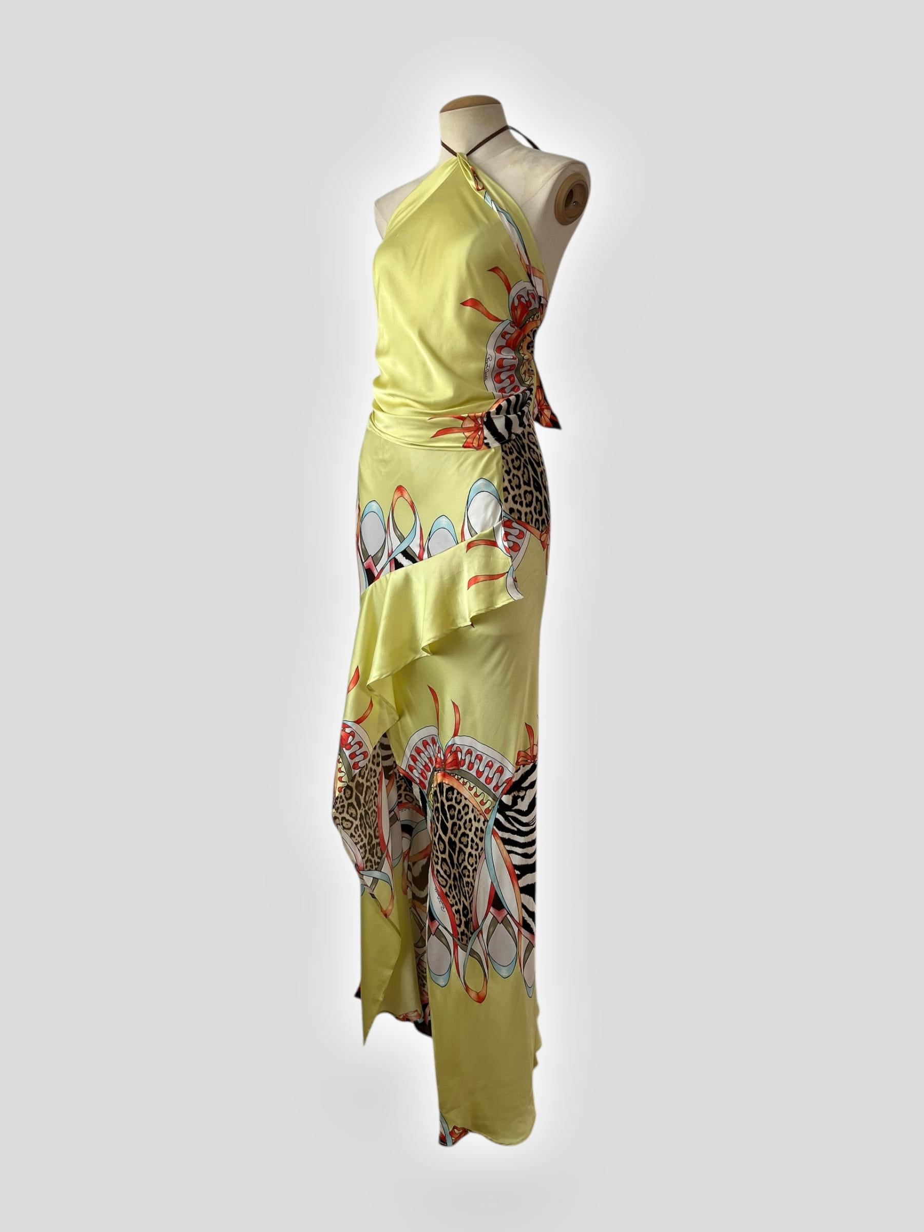 Roberto Cavalli, ensemble en soie jaune imprimé guépard, printemps/été 2004 en vente 4