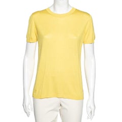 Roberto Cavalli Yellow Silk Knit Cut-Out Pattern Detailed Top M