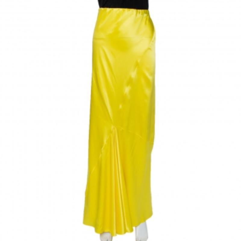Roberto Cavalli Yellow Silk Satin Flared Maxi Skirt L For Sale 2