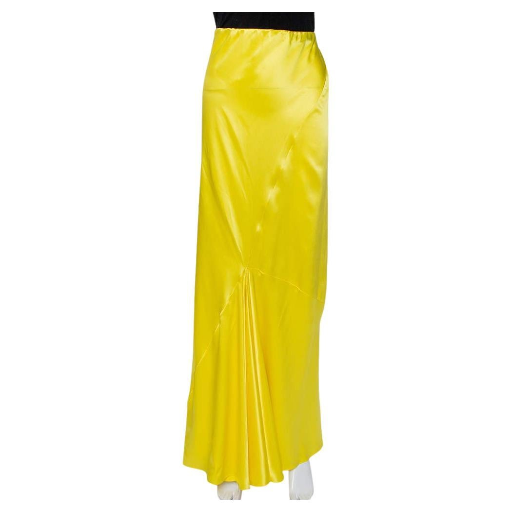 Roberto Cavalli Yellow Silk Satin Flared Maxi Skirt L For Sale