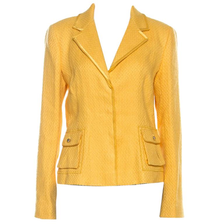 Roberto Cavalli Yellow Textured Linen Blend Button Front Blazer M