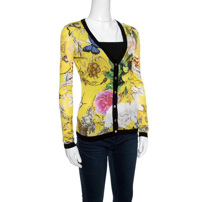 Beige Roberto Cavalli Yellow Wonderland Print Silk Knit Button Front Cardigan S