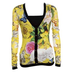 Roberto Cavalli Yellow Wonderland Print Silk Knit Button Front Cardigan S