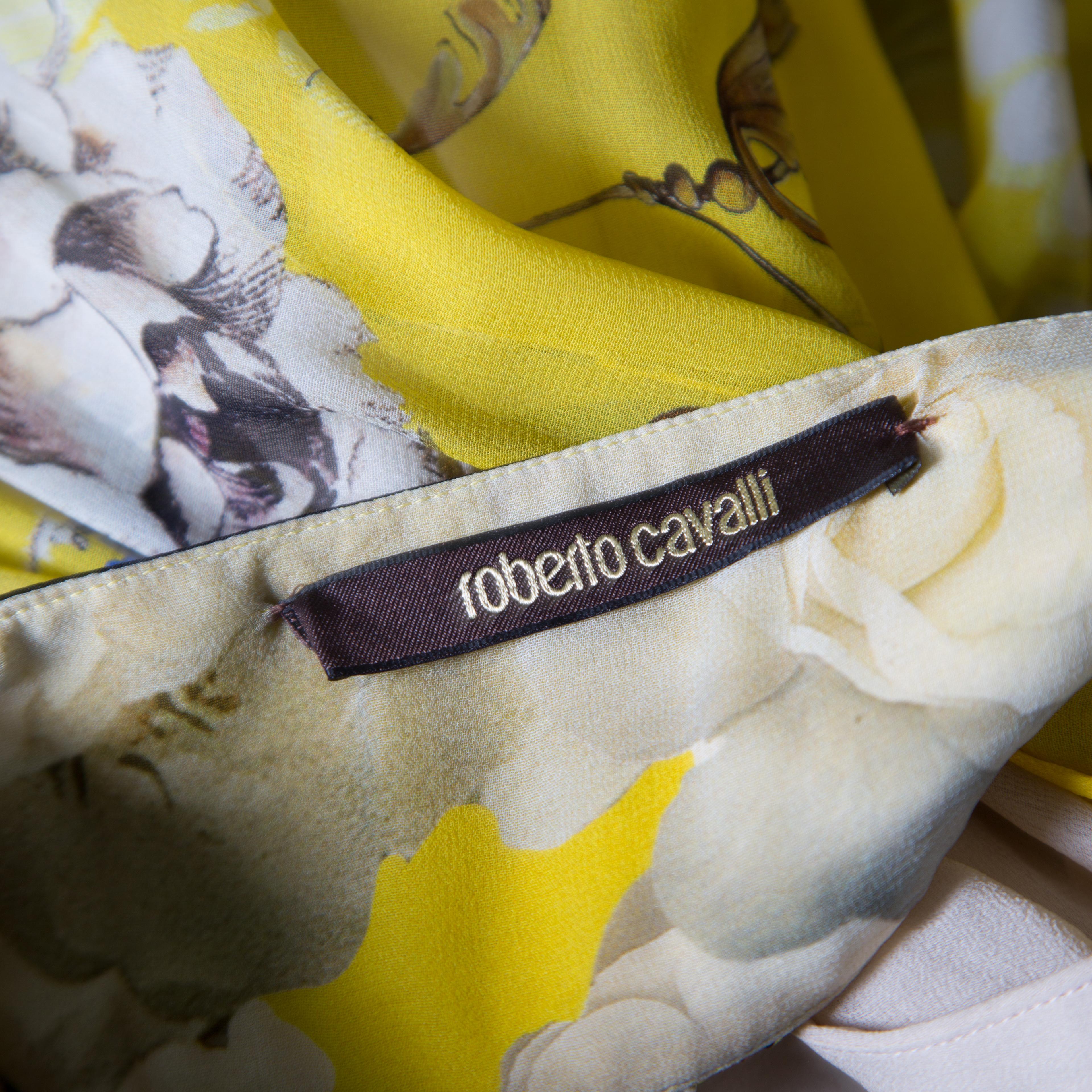 Roberto Cavalli - Jupe longue en soie jaune imprimée avec imprimé Merveilleurs et volants au bas, taille S Pour femmes en vente