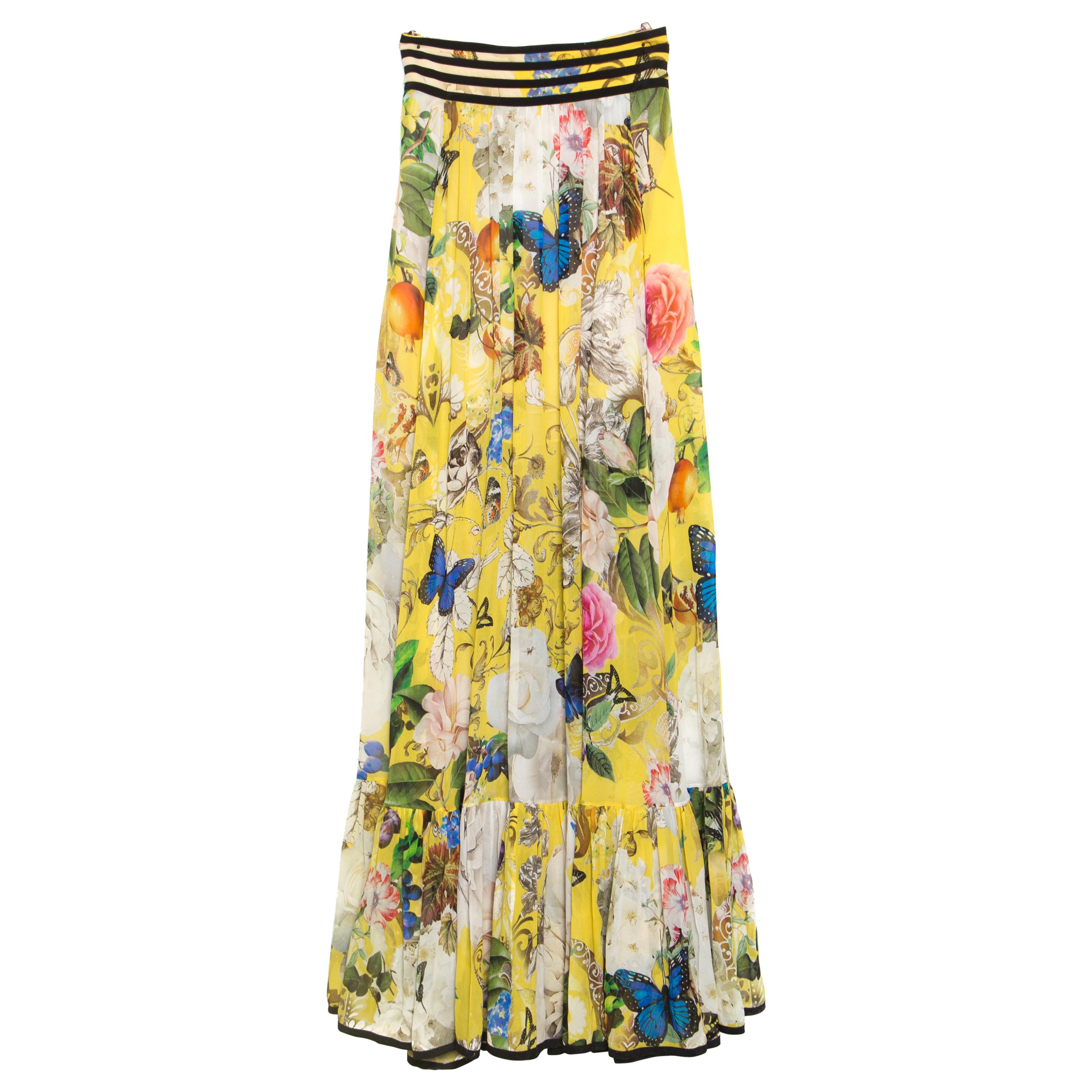 Roberto Cavalli Yellow Wonderland Printed Silk Flounce Bottom Maxi Skirt S