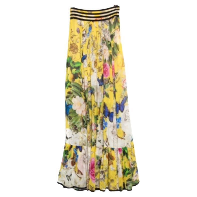 Roberto Cavalli Yellow Wonderland Printed Silk Flounce Bottom Maxi Skirt S