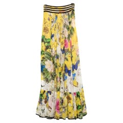 Roberto Cavalli Yellow Wonderland Printed Silk Flounce Bottom Maxi Skirt S
