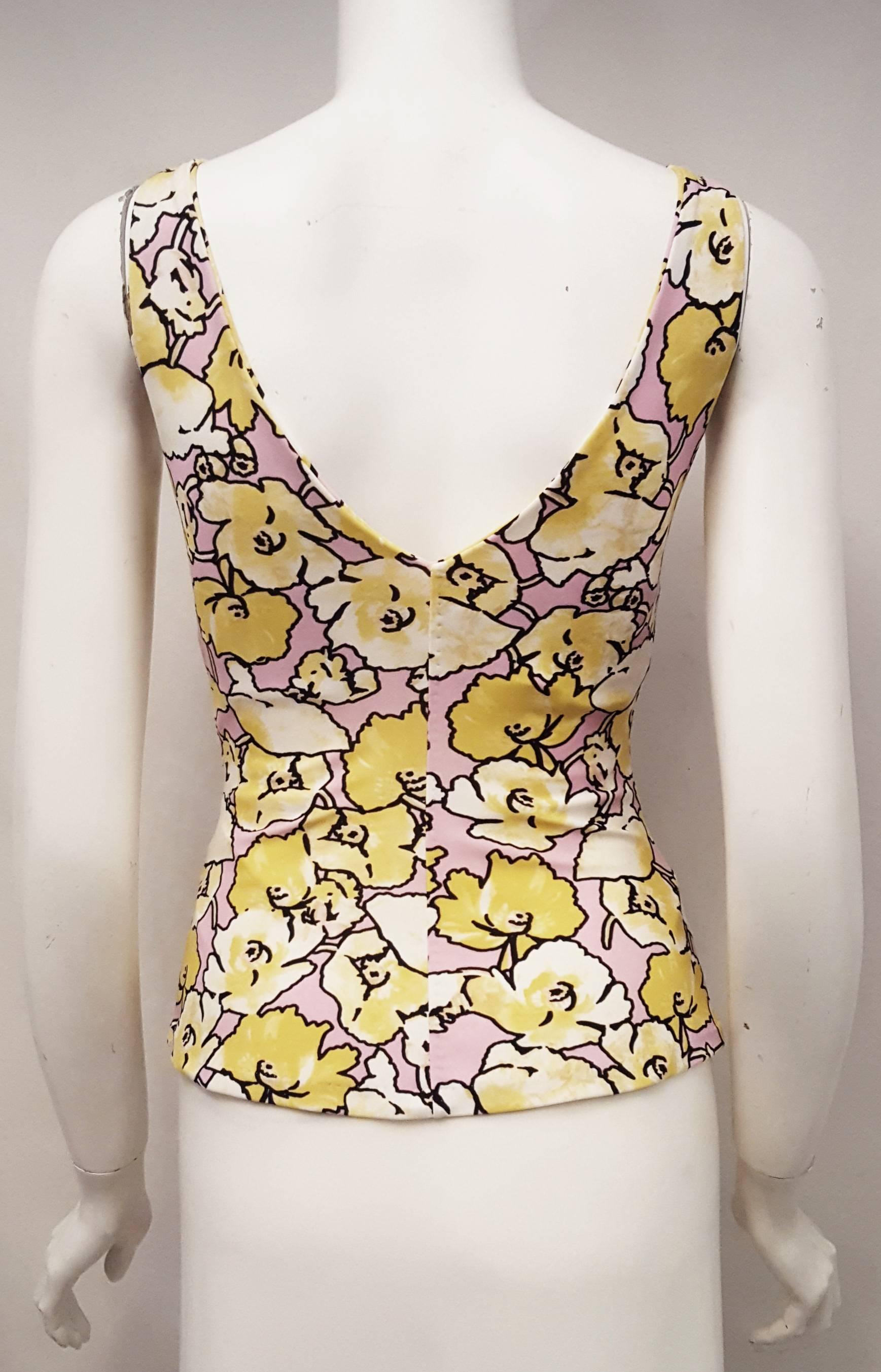 Beige Roberto Cavalli Yellow, Pink Floral Sleeveless Top For Sale