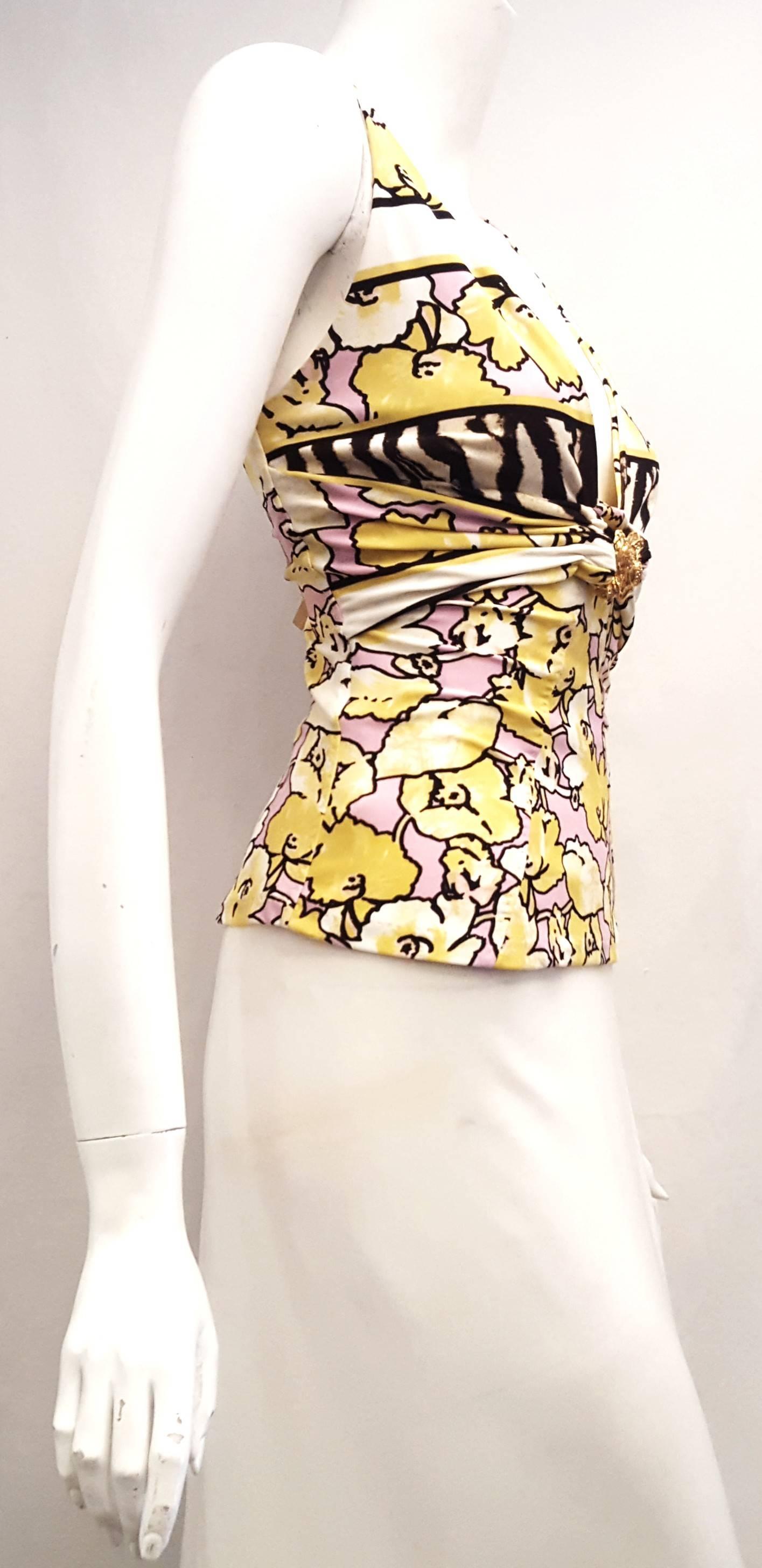 Roberto Cavalli Yellow, Pink Floral Sleeveless Top In Excellent Condition For Sale In Palm Beach, FL