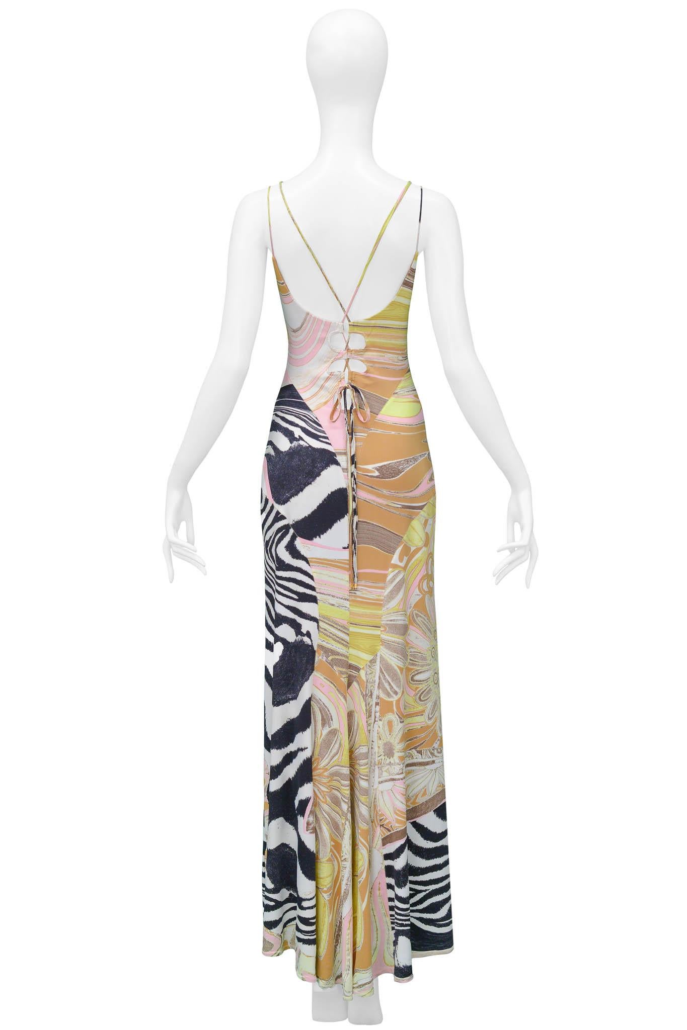 Beige Roberto Cavalli Zebra & Floral Multi Print Maxi Dress For Sale