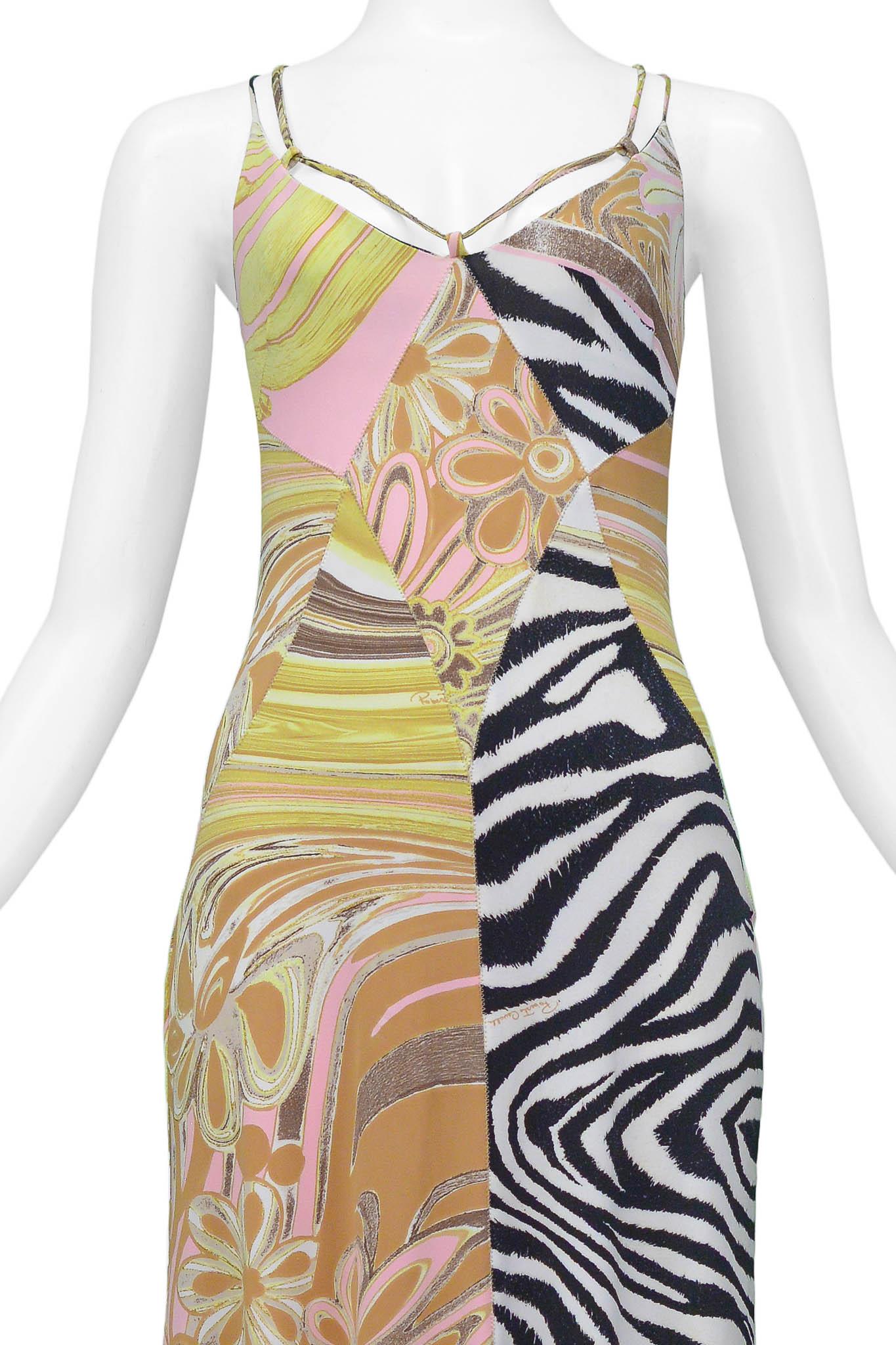 Roberto Cavalli Zebra & Floral Multi Print Maxi Dress In Excellent Condition For Sale In Los Angeles, CA