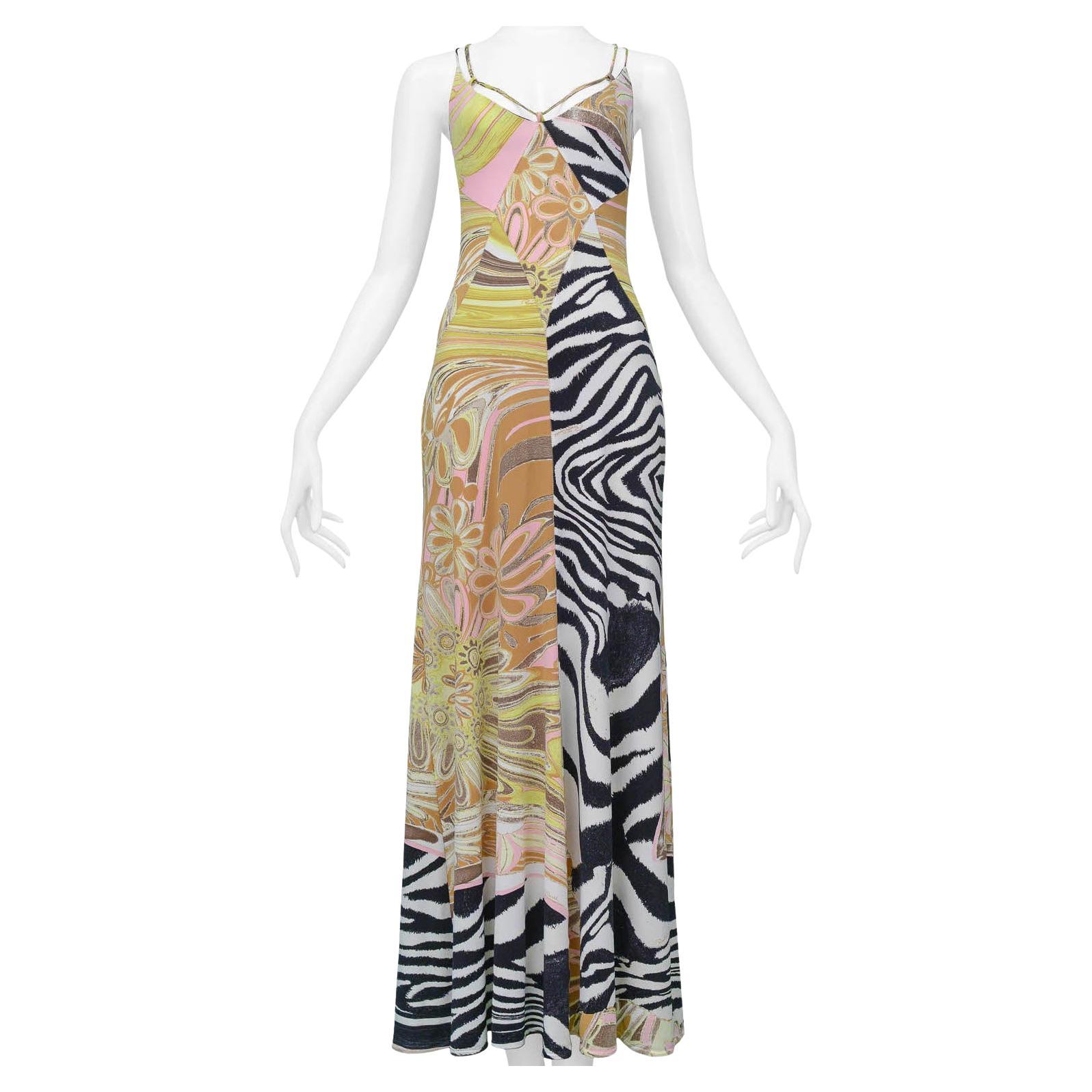 Roberto Cavalli Zebra & Floral Multi Print Maxi Dress For Sale