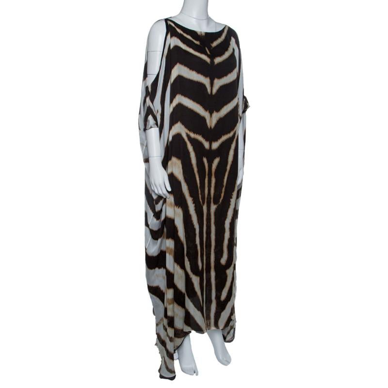 Black Roberto Cavalli Zebra Print Cutout Sleeve Detail Silk Maxi Dress S