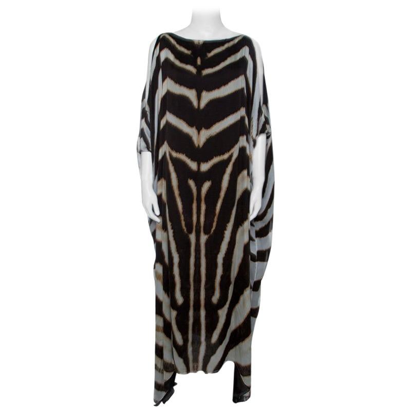 Roberto Cavalli Zebra Print Cutout Sleeve Detail Silk Maxi Dress S