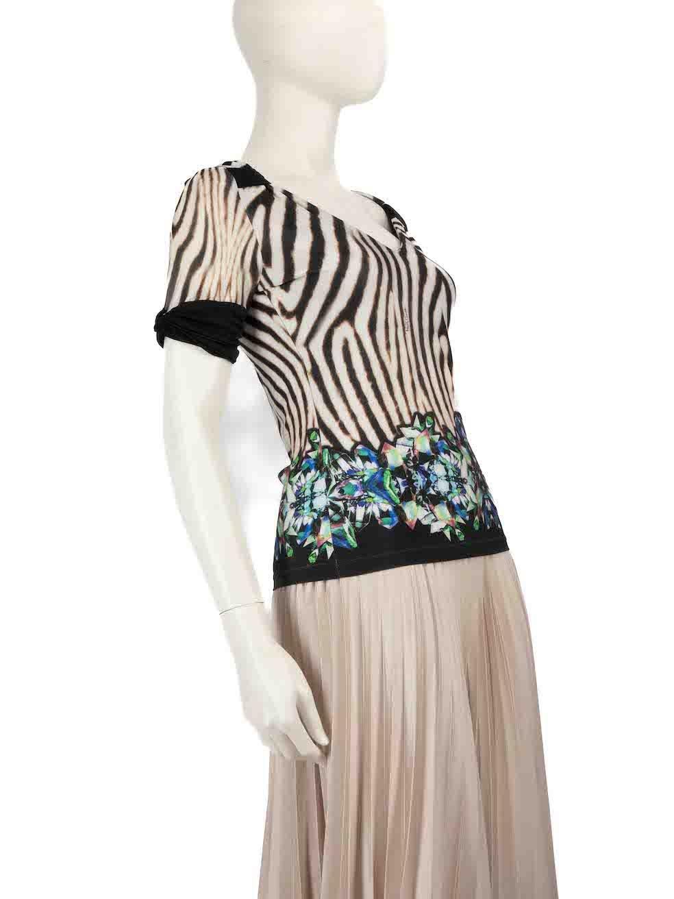 CONDITION is Very good. Hardly any visible wear to the top is evident. However, due to poor storage the composition label has faded on this used Roberto Cavalli designer resale item.
 
 Details
 Multicolour
 Silk
 Short sleeve top
 Stretchy
 Zebra